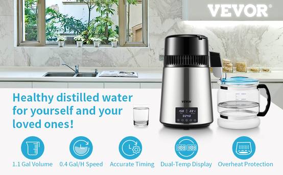 VEVOR 4L Distillateur d'Eau Machine à Distiller 1,5L/h 30-108℃ 0-99h Réglable - Image 9