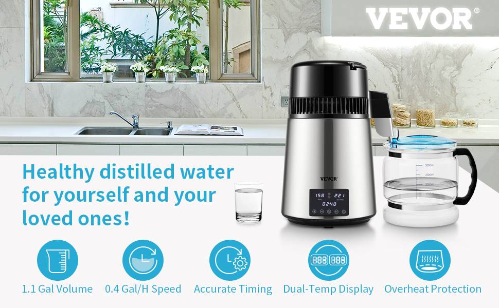 VEVOR 4L Distillateur d'Eau Machine à Distiller 1,5L/h 30-108℃ 0-99h Réglable - Image 9