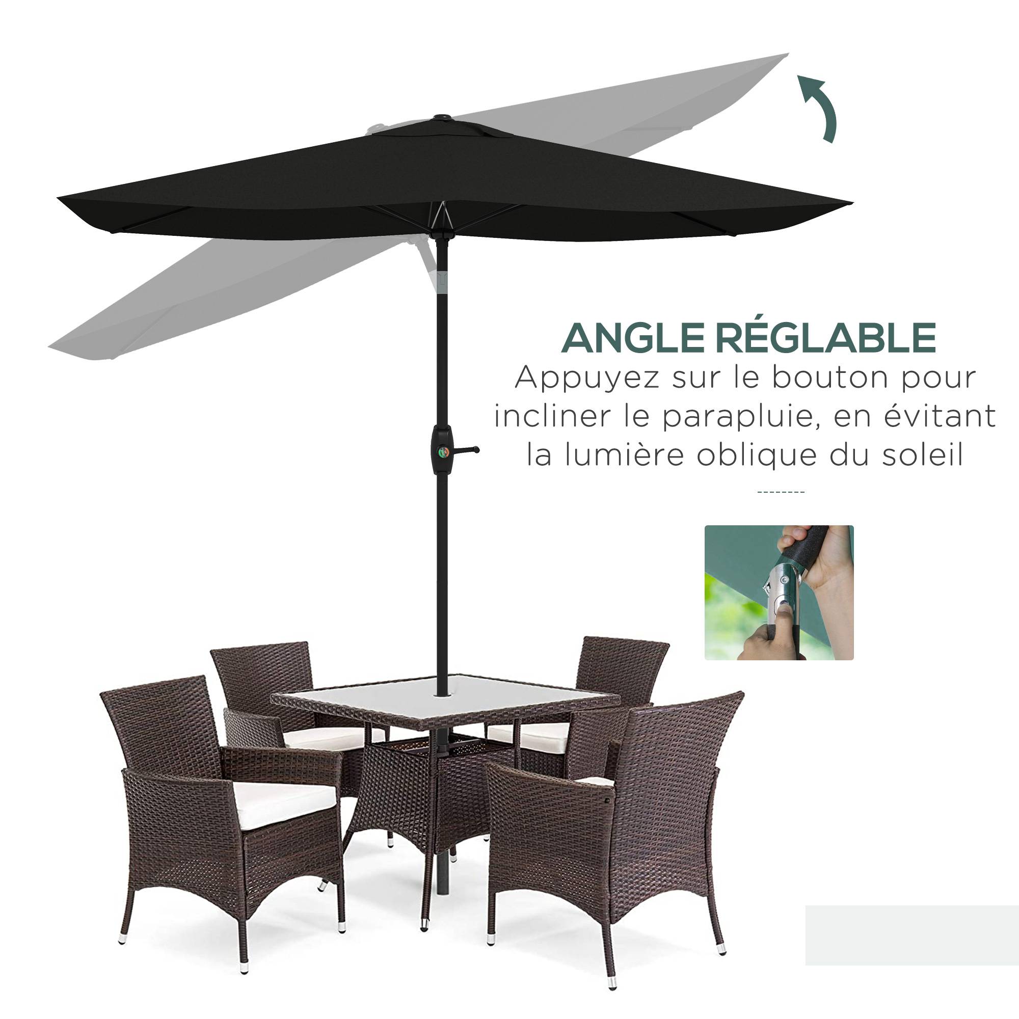 Outsunny - Parasol jardin rectangulaire inclinable 2x3m avec manivelle toile polyester haute densité 180g/m² imperméabilisé noir - Outsunny - Image 4