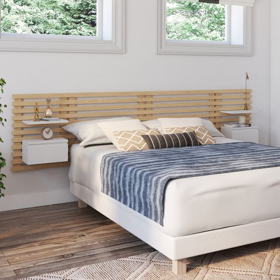 Tête de lit suspendue en lattes AVA 240 cm avec chevets + tiroir façon bois clair et blanc - Image 1