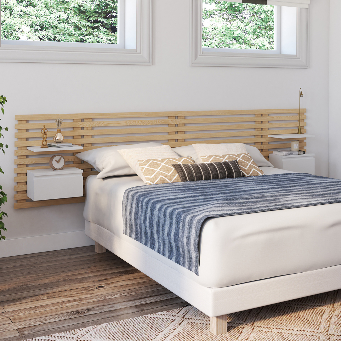 Tête de lit suspendue en lattes AVA 240 cm avec chevets + tiroir façon bois clair et blanc - Image 1