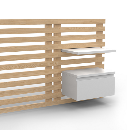 Tête de lit suspendue en lattes AVA 240 cm avec chevets + tiroir façon bois clair et blanc - Image 6