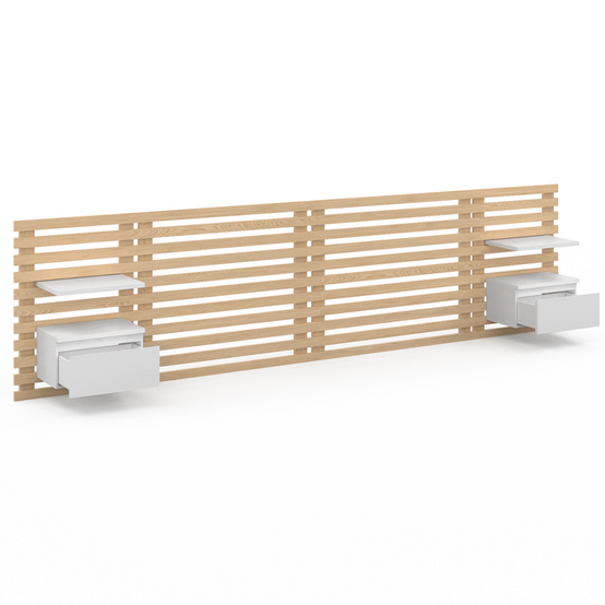 Tête de lit suspendue en lattes AVA 240 cm avec chevets + tiroir façon bois clair et blanc - Image 4