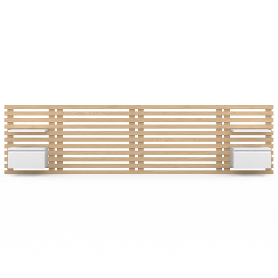 Tête de lit suspendue en lattes AVA 240 cm avec chevets + tiroir façon bois clair et blanc - Image 3