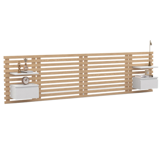 Tête de lit suspendue en lattes AVA 240 cm avec chevets + tiroir façon bois clair et blanc - Image 2