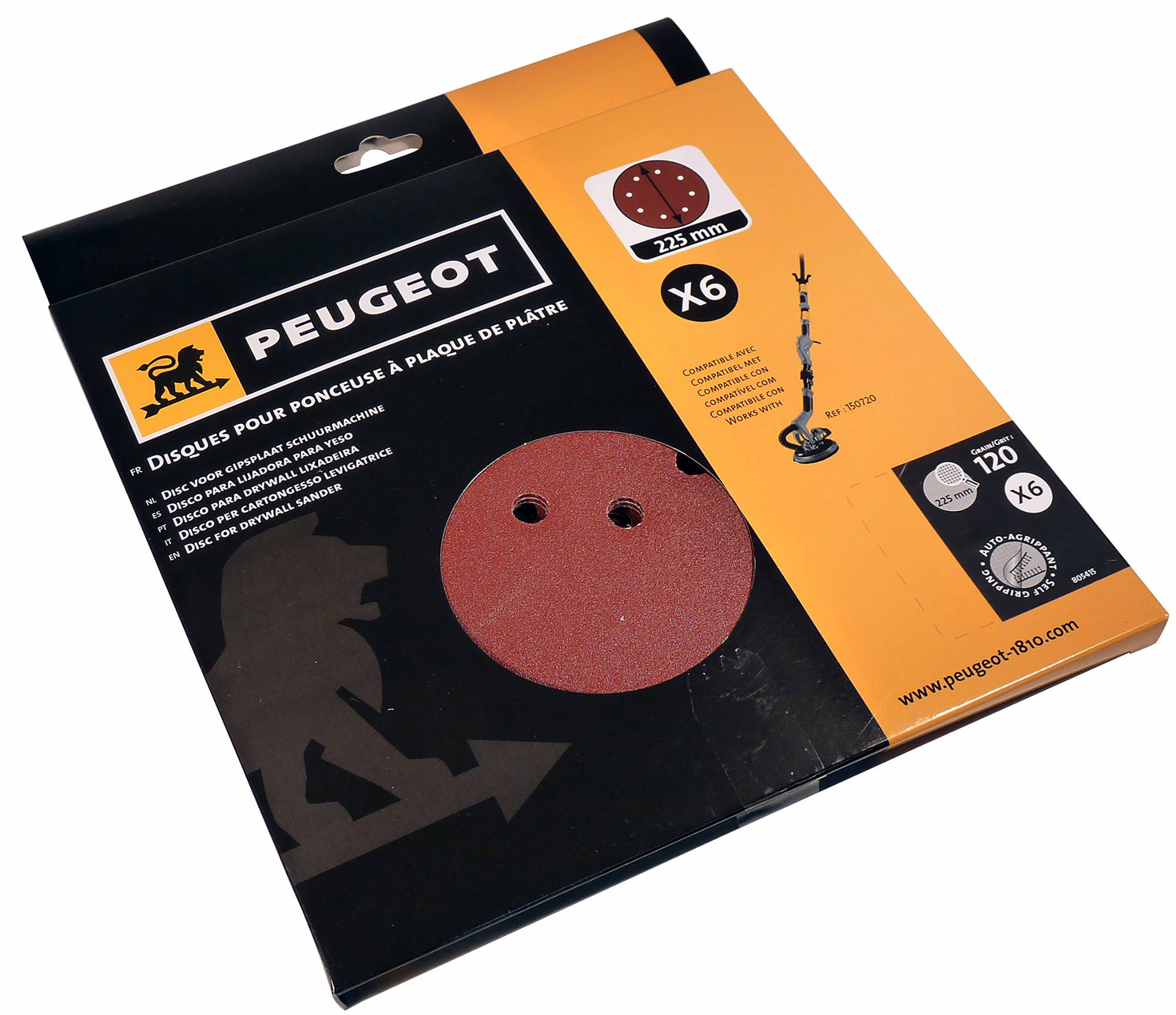 Jeu de 6 abrasifs plâtre D225mm à 8 trous grain 120 - PEUGEOT OUTILLAGE - 805415 - Imagen 2