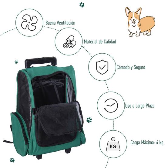 Sac à dos ou trolley de transport 2 en 1 pour chiens et chats, avec 2 roues, poignée rétractable en aluminium et poches, 42 x 25 x 55 cm, vert - Image 8