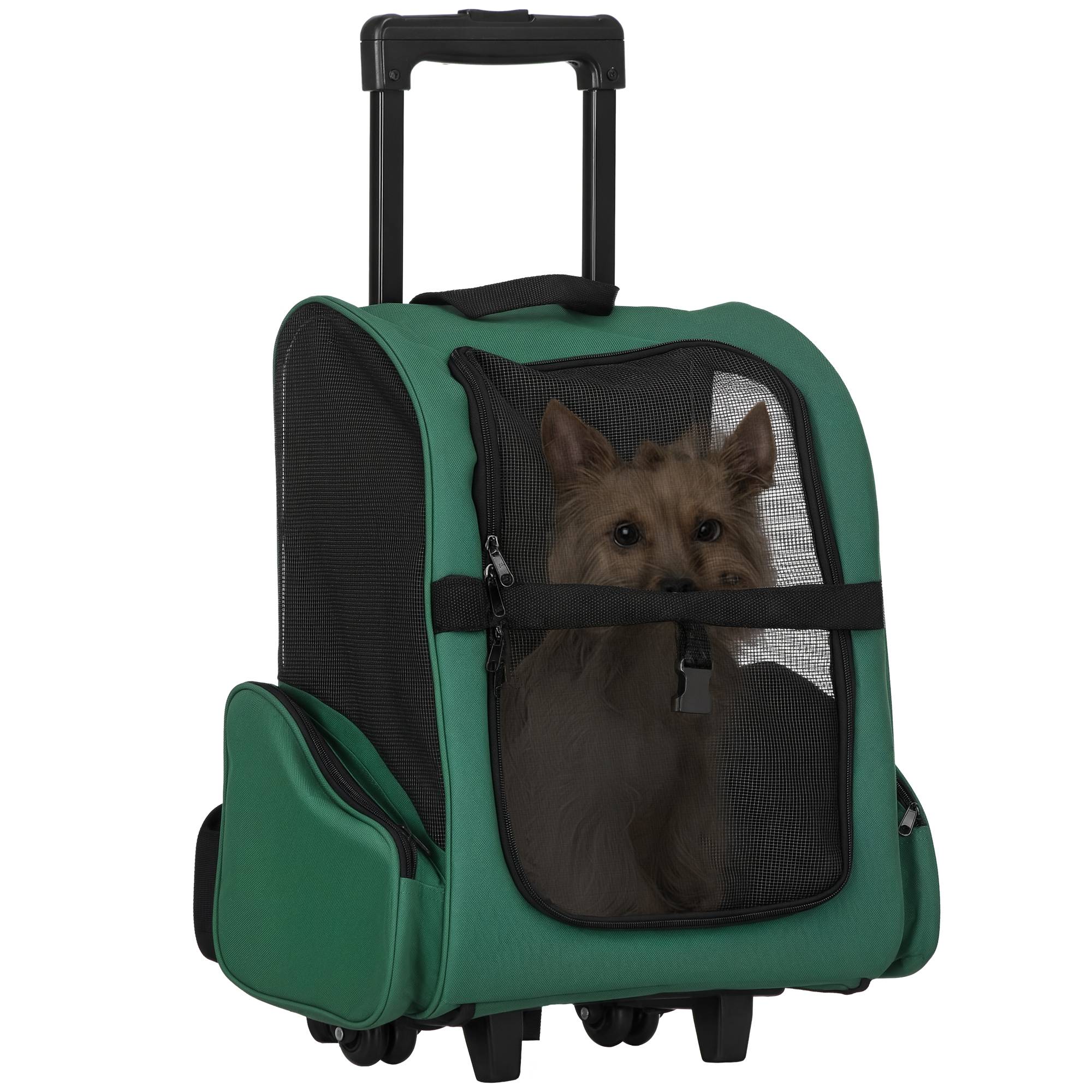 Sac à dos ou trolley de transport 2 en 1 pour chiens et chats, avec 2 roues, poignée rétractable en aluminium et poches, 42 x 25 x 55 cm, vert - Image 1