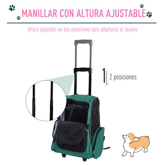 Sac à dos ou trolley de transport 2 en 1 pour chiens et chats, avec 2 roues, poignée rétractable en aluminium et poches, 42 x 25 x 55 cm, vert - Image 7