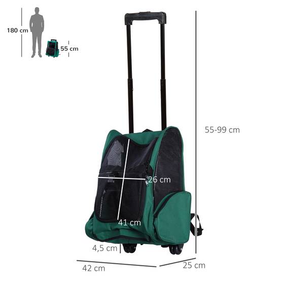Sac à dos ou trolley de transport 2 en 1 pour chiens et chats, avec 2 roues, poignée rétractable en aluminium et poches, 42 x 25 x 55 cm, vert - Image 5