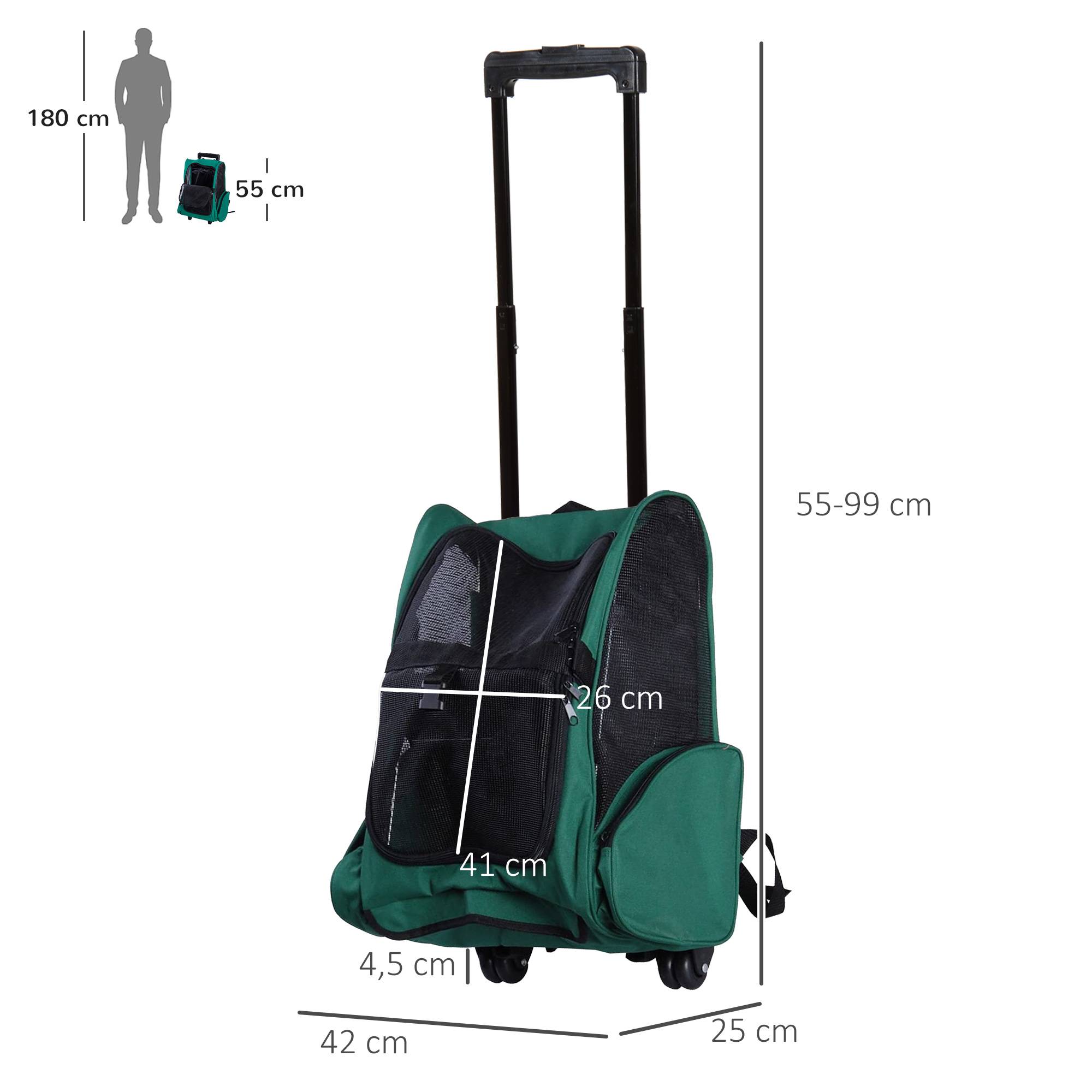 Sac à dos ou trolley de transport 2 en 1 pour chiens et chats, avec 2 roues, poignée rétractable en aluminium et poches, 42 x 25 x 55 cm, vert - Image 5