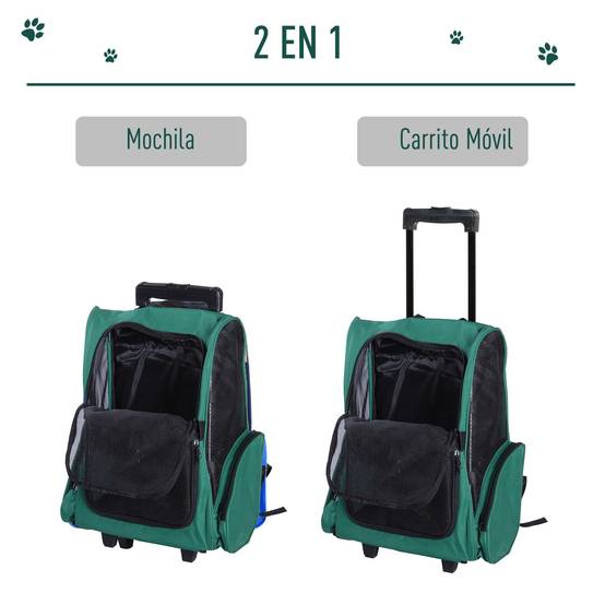 Sac à dos ou trolley de transport 2 en 1 pour chiens et chats, avec 2 roues, poignée rétractable en aluminium et poches, 42 x 25 x 55 cm, vert - Image 6