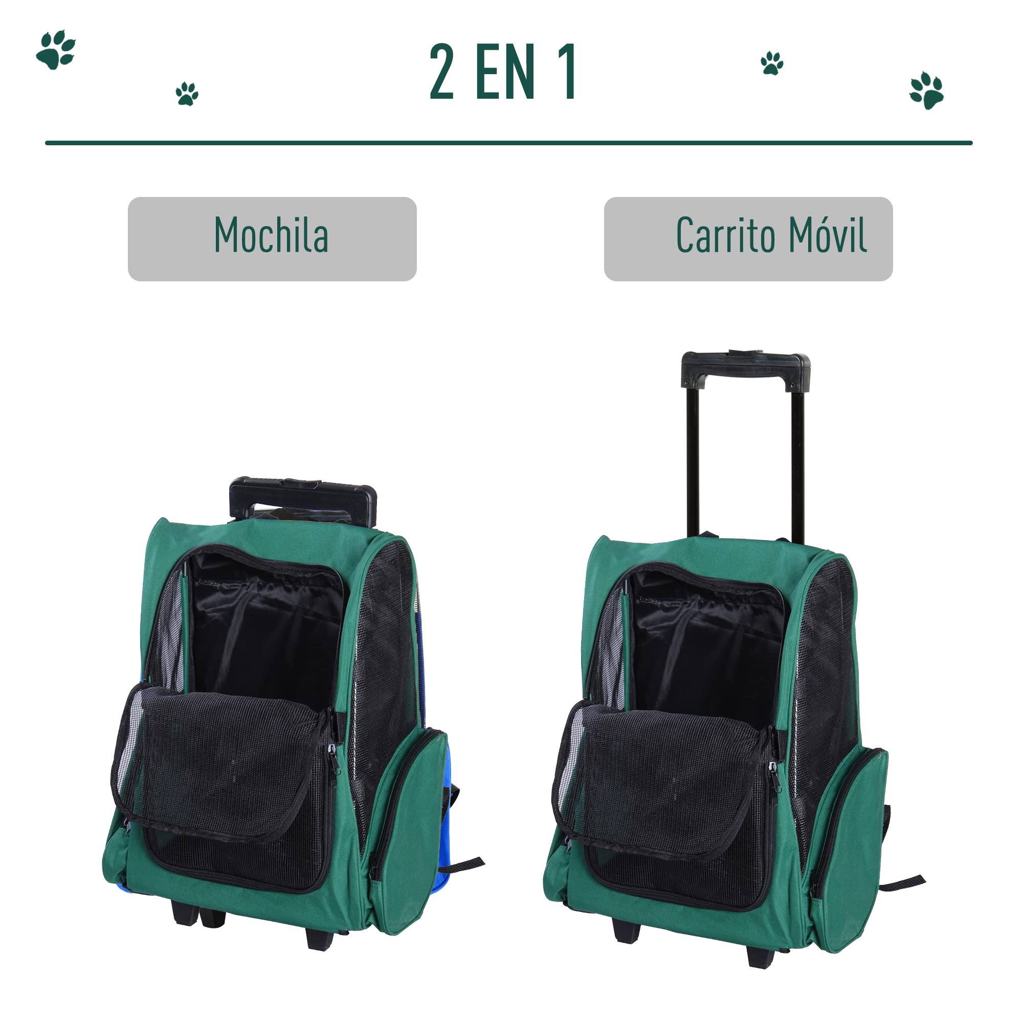 Sac à dos ou trolley de transport 2 en 1 pour chiens et chats, avec 2 roues, poignée rétractable en aluminium et poches, 42 x 25 x 55 cm, vert - Image 6