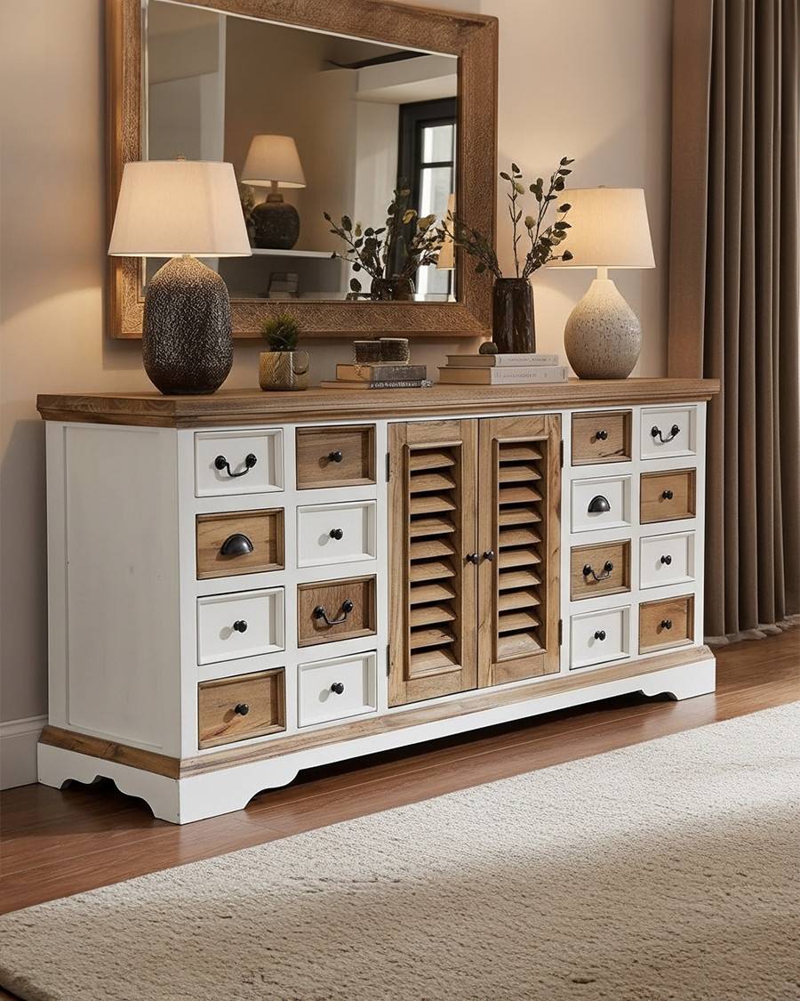 Inda - Grand buffet blanc et naturel en Mindy massif 160 cm - UNIQKA - Imagen 2