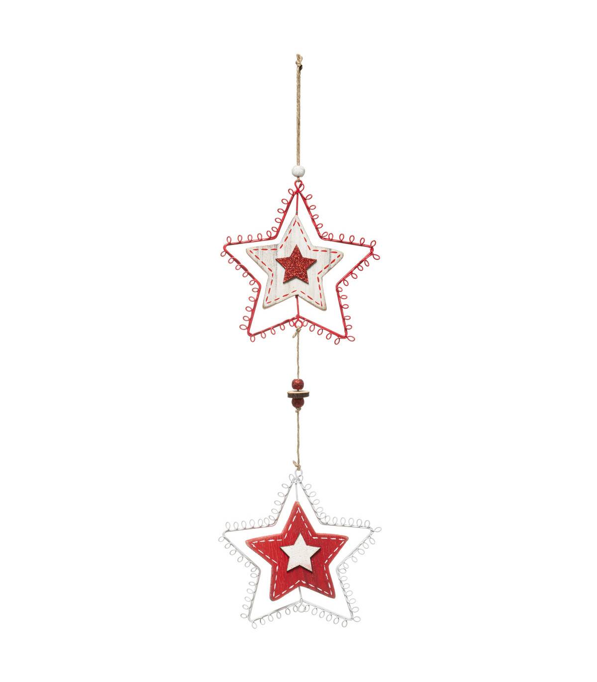 Fééric Lights & Christmas - Suspension de Noël Etoiles en métal et bois Rouge et Blanc pailleté H 35 cm