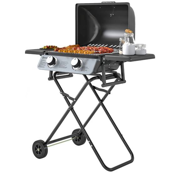 Barbecue gaz transportable, 2 brûleurs 5,6 kW, barbecue gaz de camping avec étagères latérales thermomètre et roues, noir - Image 2