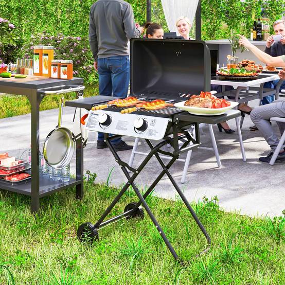 Barbecue gaz transportable, 2 brûleurs 5,6 kW, barbecue gaz de camping avec étagères latérales thermomètre et roues, noir - Image 3