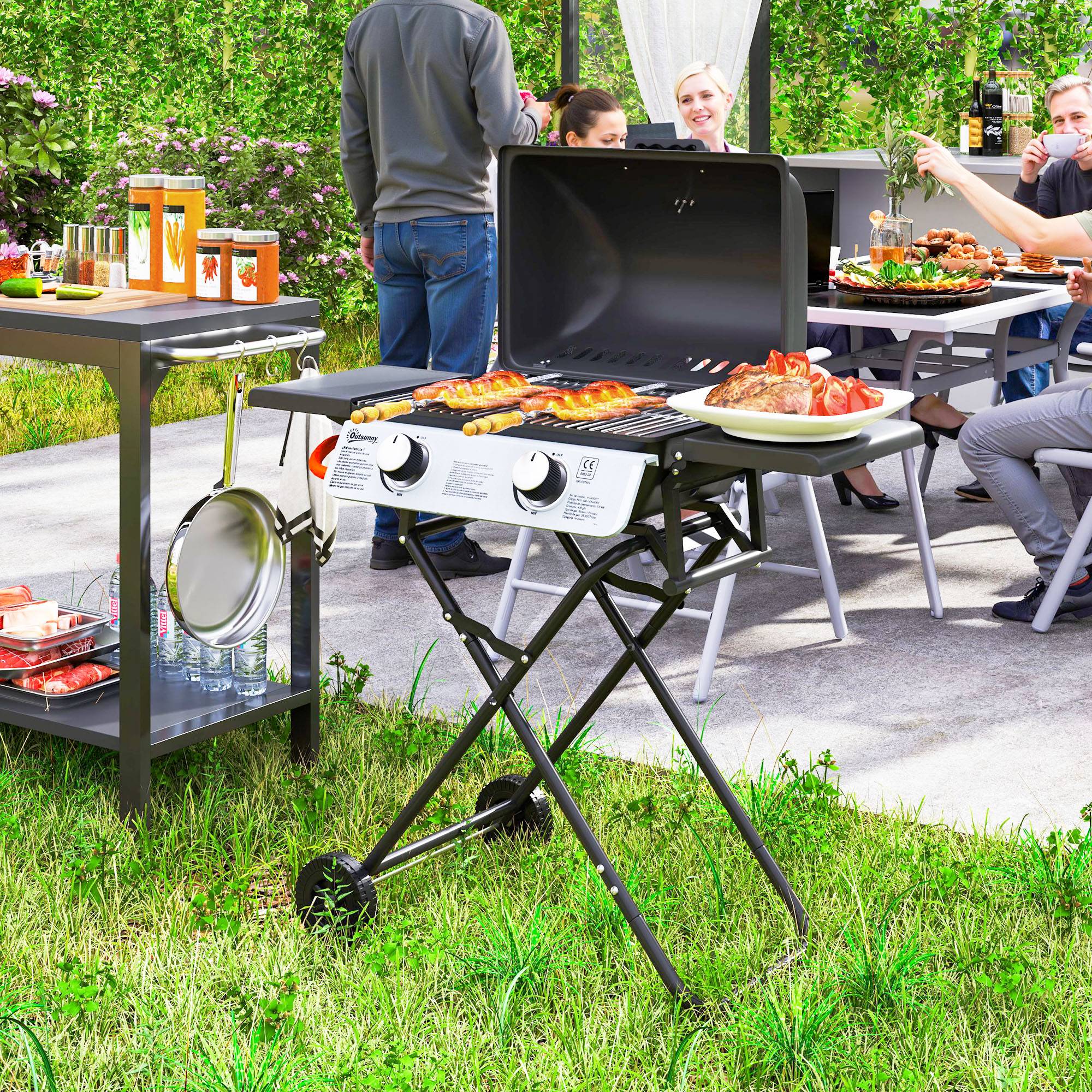 Barbecue gaz transportable, 2 brûleurs 5,6 kW, barbecue gaz de camping avec étagères latérales thermomètre et roues, noir - Image 3