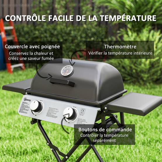 Barbecue gaz transportable, 2 brûleurs 5,6 kW, barbecue gaz de camping avec étagères latérales thermomètre et roues, noir - Image 8