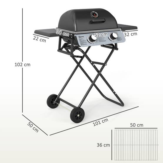 Barbecue gaz transportable, 2 brûleurs 5,6 kW, barbecue gaz de camping avec étagères latérales thermomètre et roues, noir - Image 5