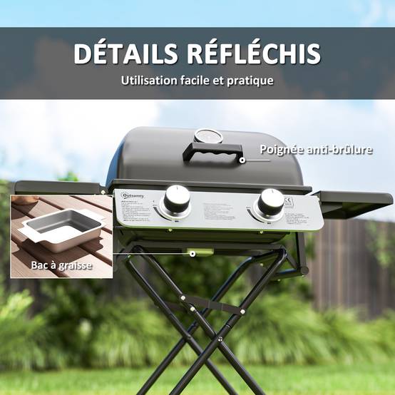 Barbecue gaz transportable, 2 brûleurs 5,6 kW, barbecue gaz de camping avec étagères latérales thermomètre et roues, noir - Image 9