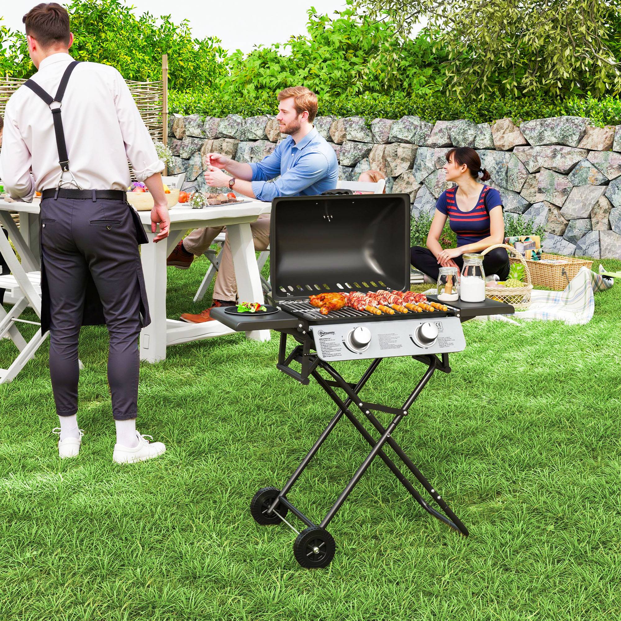 Barbecue gaz transportable, 2 brûleurs 5,6 kW, barbecue gaz de camping avec étagères latérales thermomètre et roues, noir - Image 4