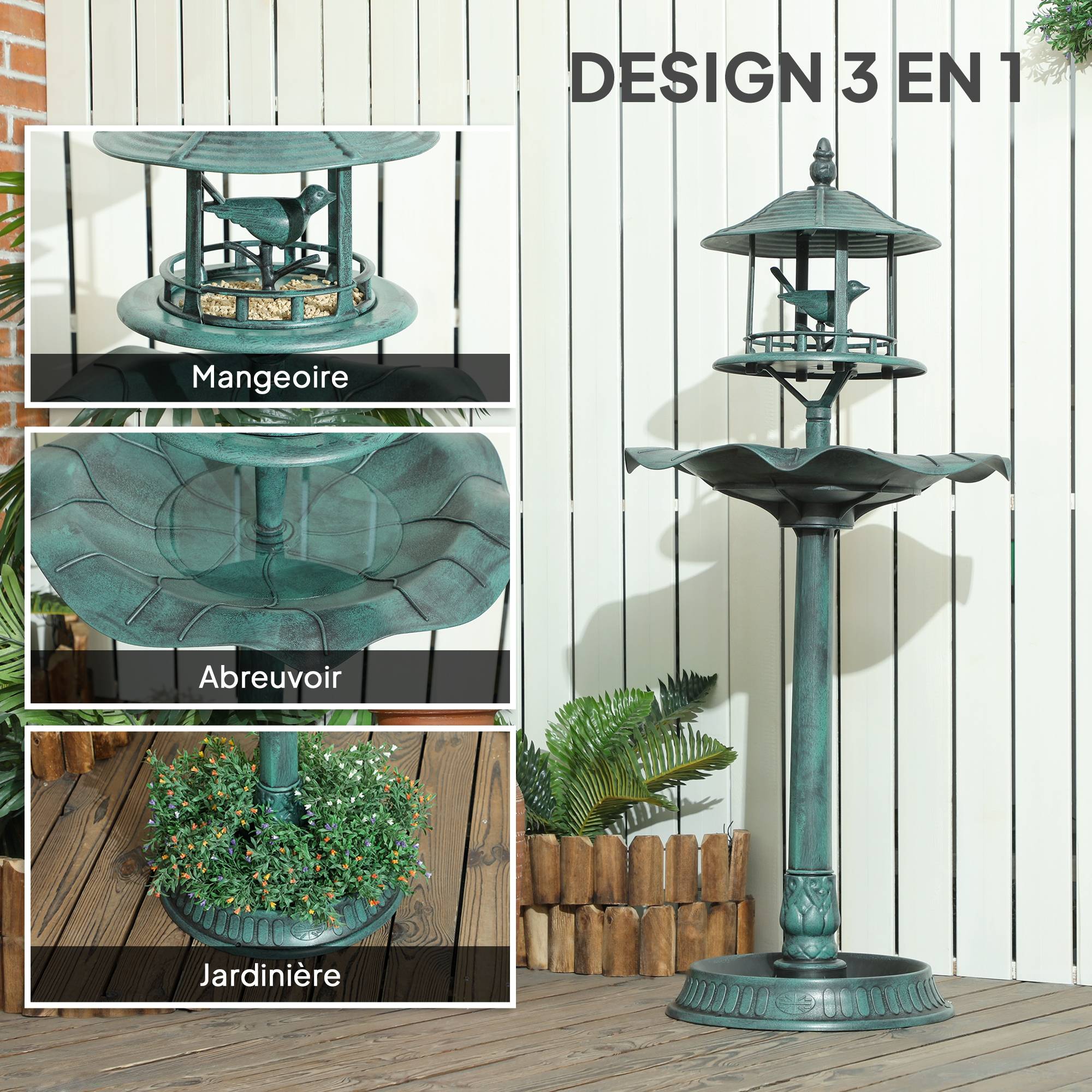 Maison Chic - Bain d'oiseaux abreuvoir pour oiseaux jardinière 3 en 1 Ø 50 x 113 cm polypropylène vert-de-gris - Image 6