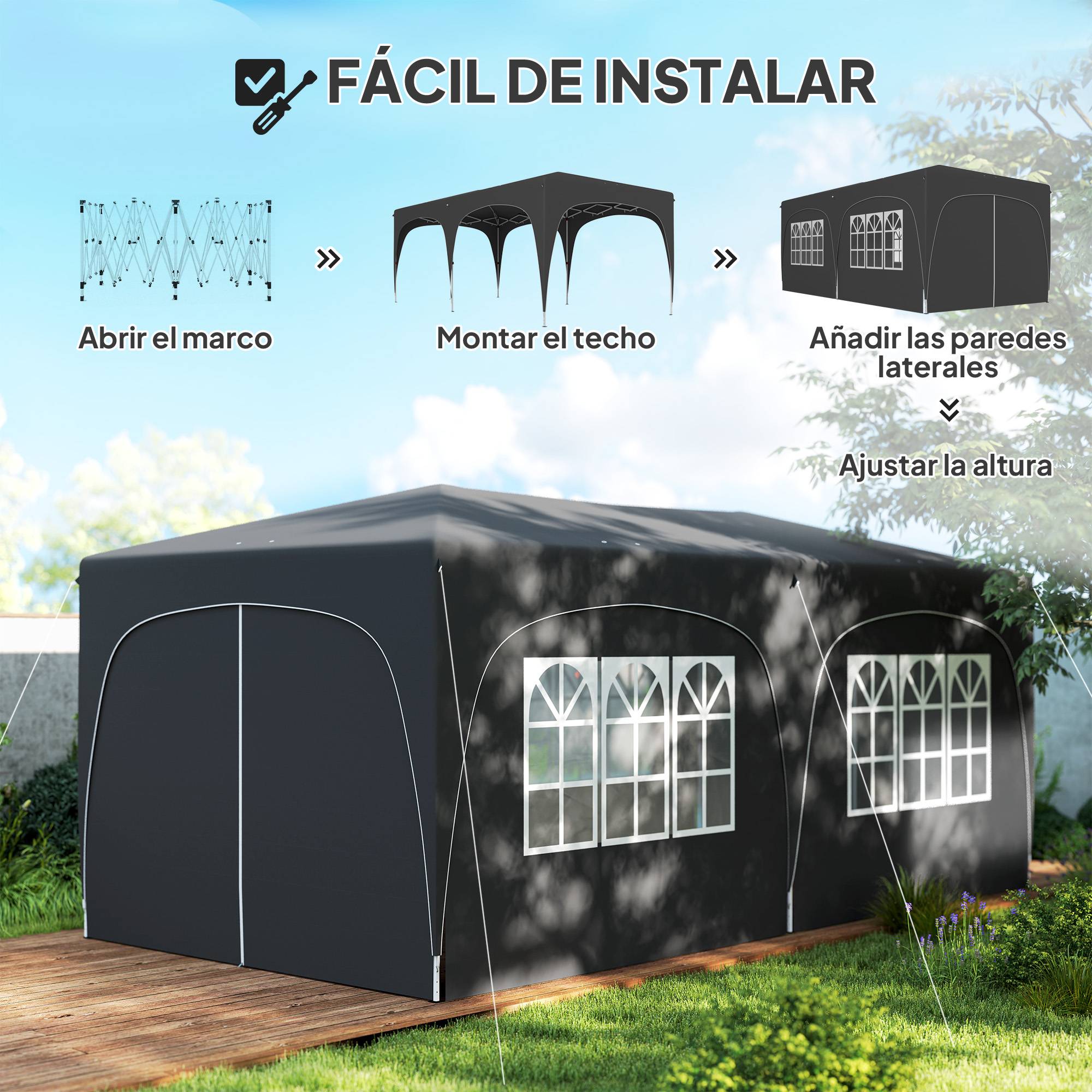 Tonnelle pliante 6 x 3 m avec panneaux latéraux, protection solaire UPF50+, hauteur réglable, sac de transport, gris foncé - Image 5
