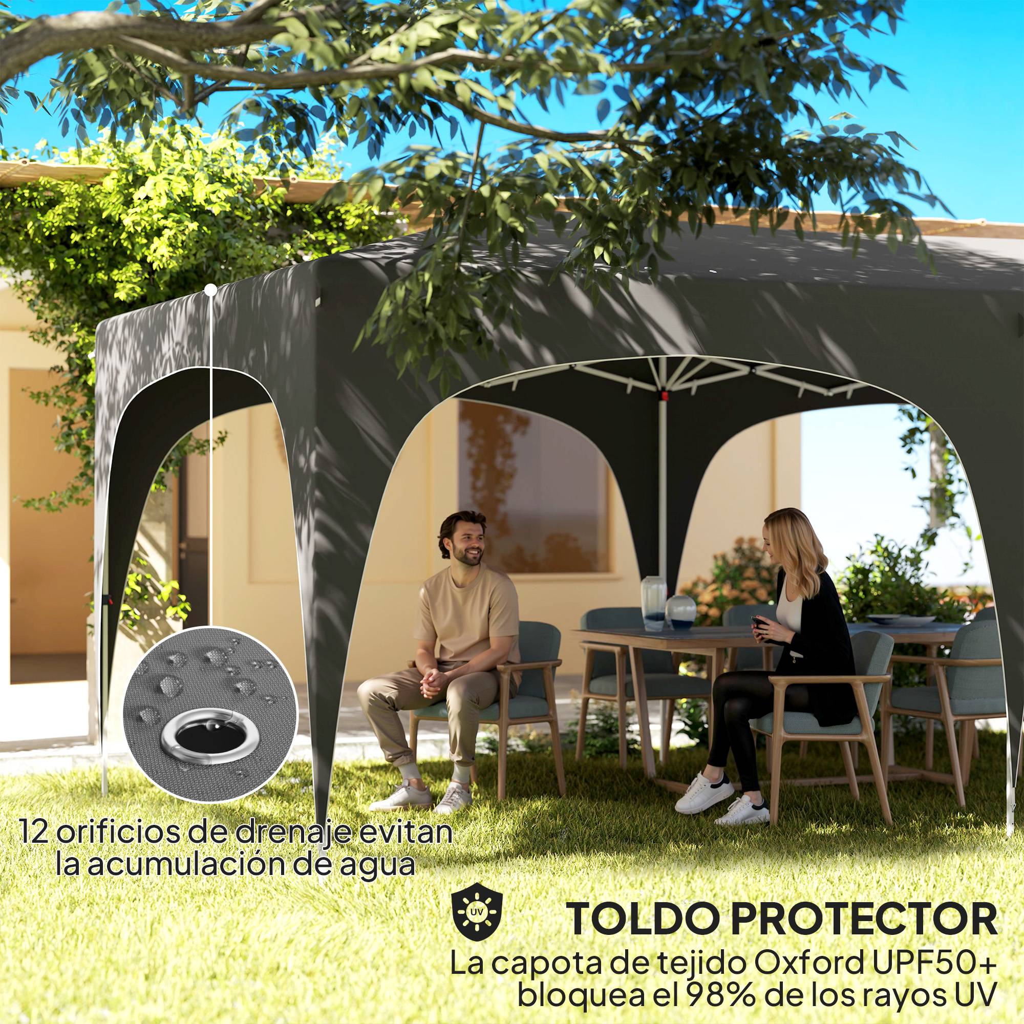 Tonnelle pliante 6 x 3 m avec panneaux latéraux, protection solaire UPF50+, hauteur réglable, sac de transport, gris foncé - Image 6