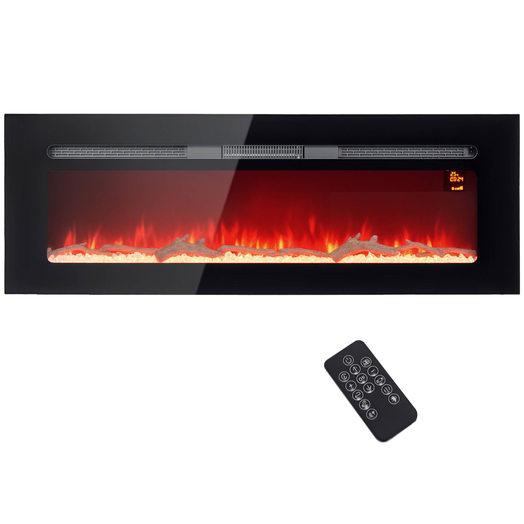 Sans Marque - Cheminée électrique avec support mural et télécommande, bûches artificielles et cristaux, puissance 1800W, Noir