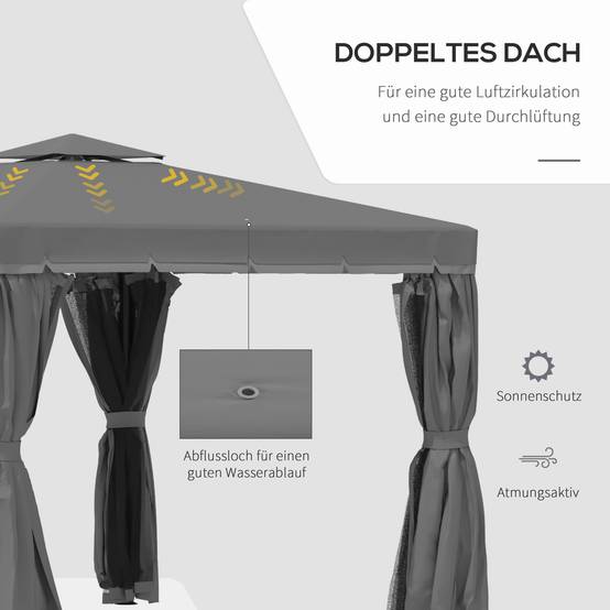 Pavillon jardin pavillon 2,96x2,96 m tente jardin toit double tente fête tente fête 4 parois moustiquaire résistant alu polyester gris foncé - Image 6