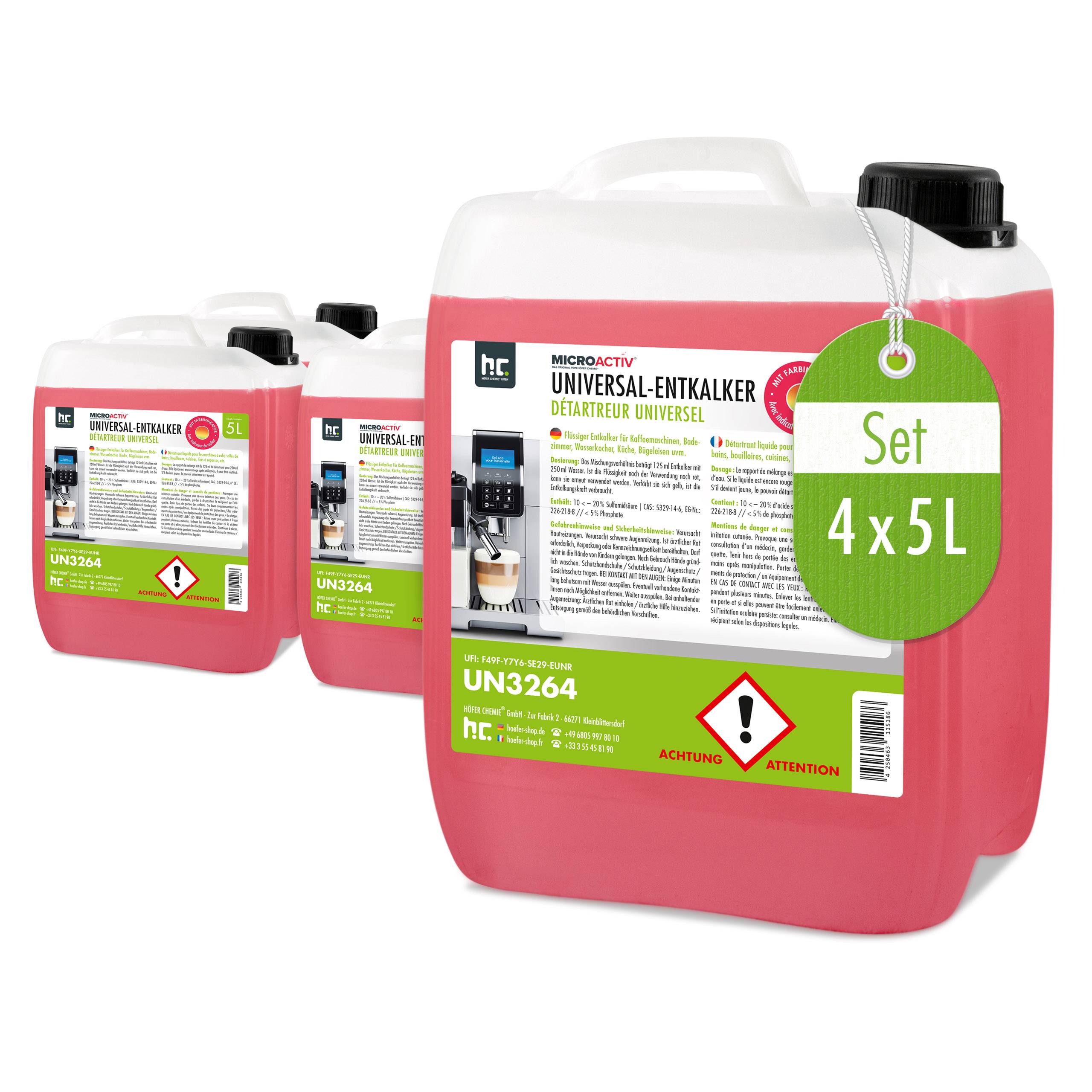 Détartrant universel Microactiv® avec indicateur de couleur pour machines à café entièrement automatiques en bidon de 5 L x 4