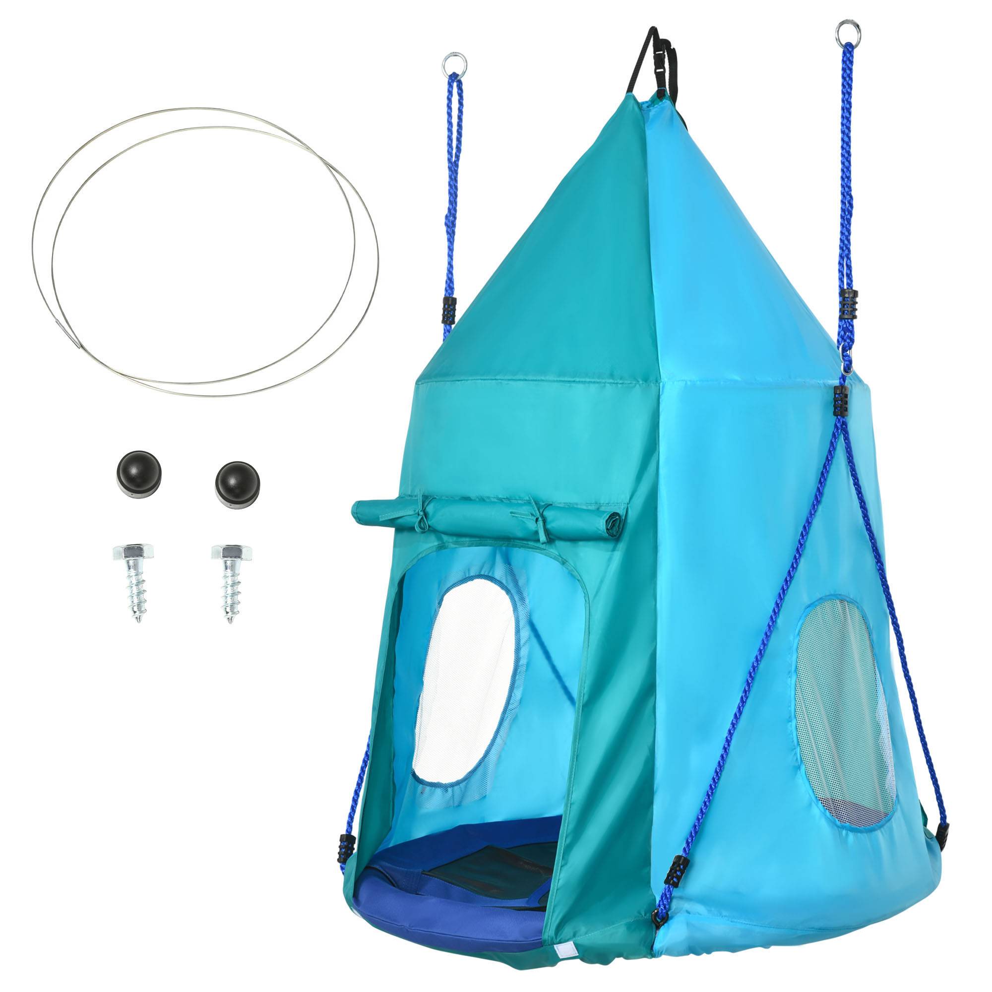 Balançoire nid d'oiseau avec tente amovible Ø 100 cm charge max. 150 Kg corde réglable en hauteur 120 à 180 cm bleu - Image 2