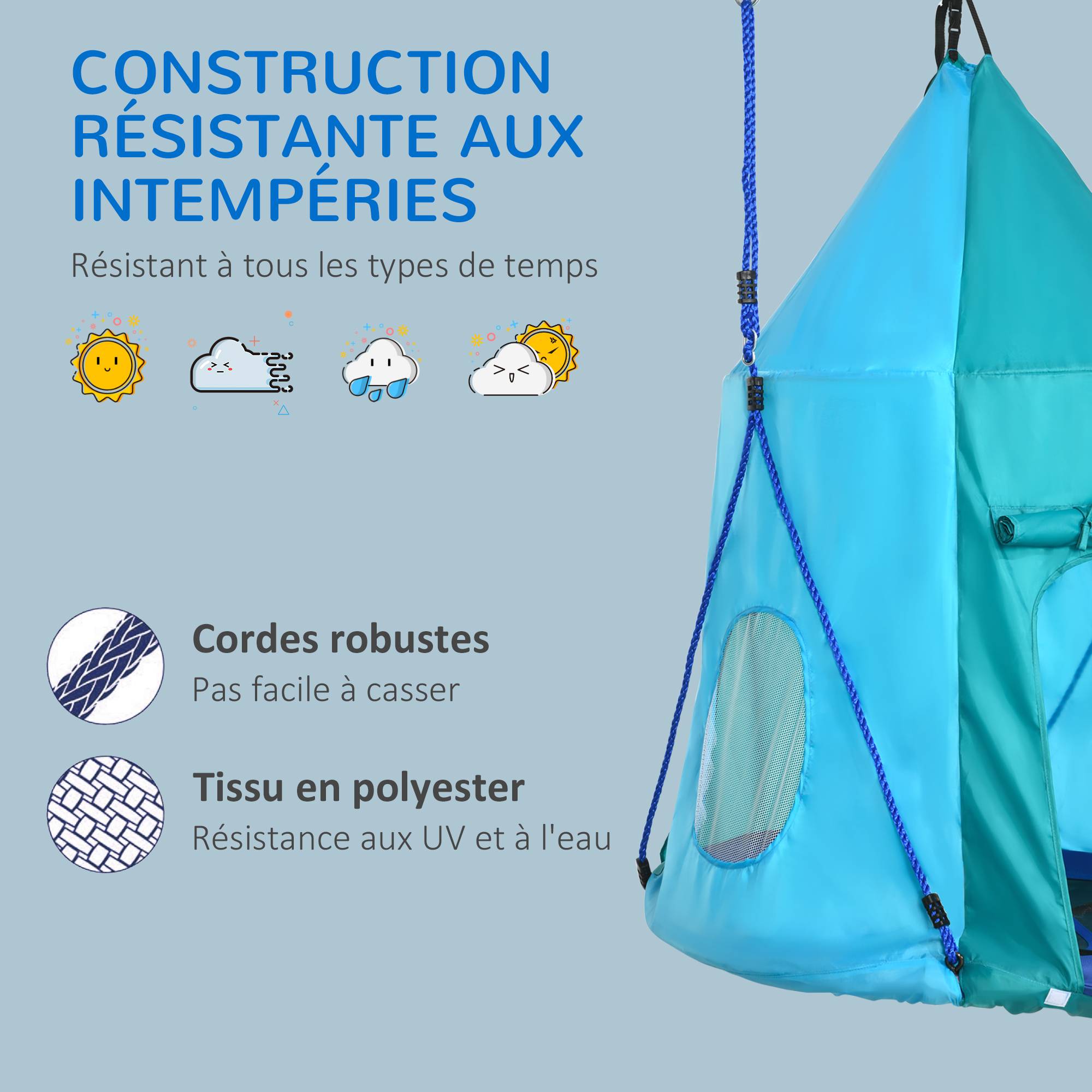 Balançoire nid d'oiseau avec tente amovible Ø 100 cm charge max. 150 Kg corde réglable en hauteur 120 à 180 cm bleu - Image 10