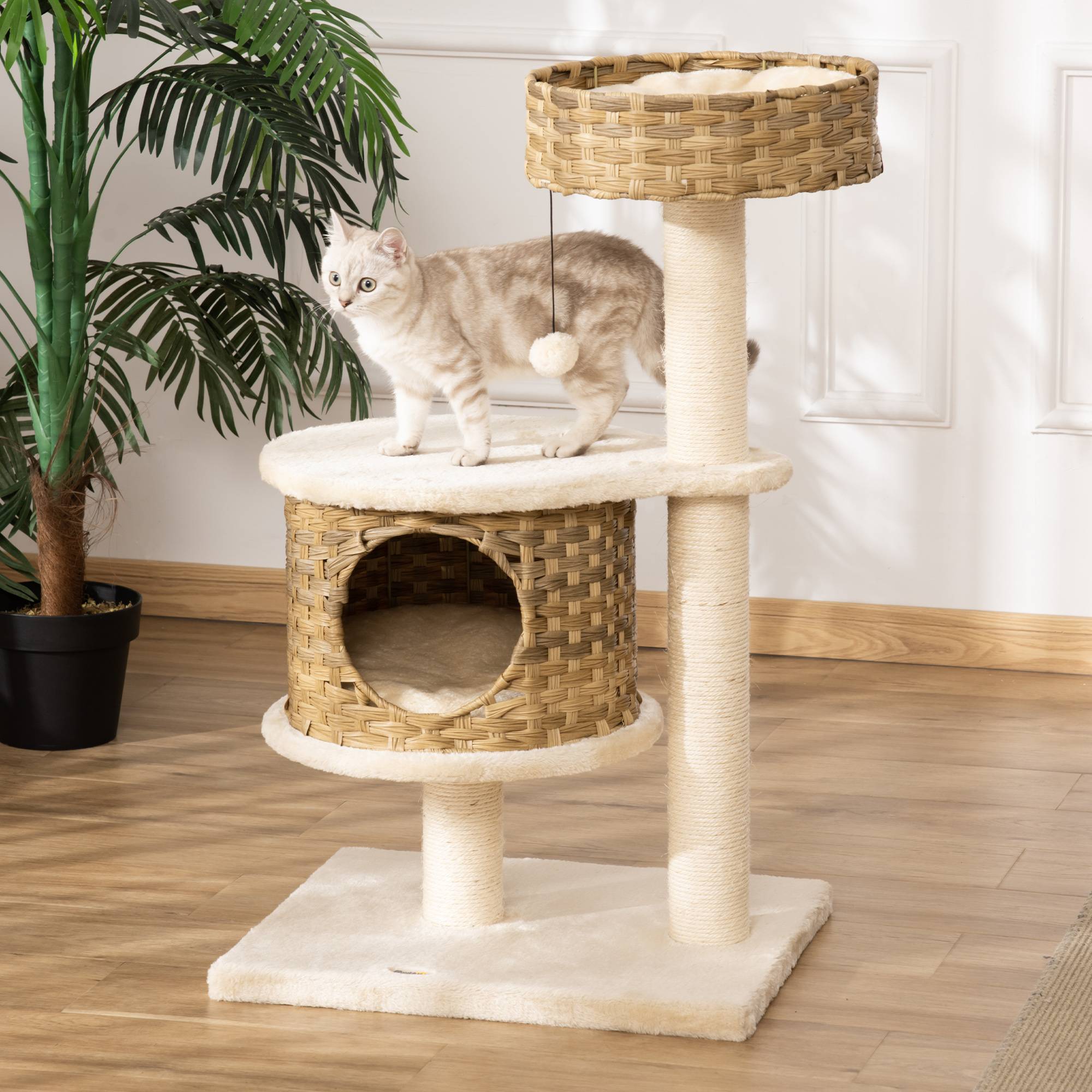 Arbre à chat PawHut 95 cm : grotte, balle, poteaux sisal, grande plateforme, chats jusqu'à 5 kg, naturel+beige - Image 4