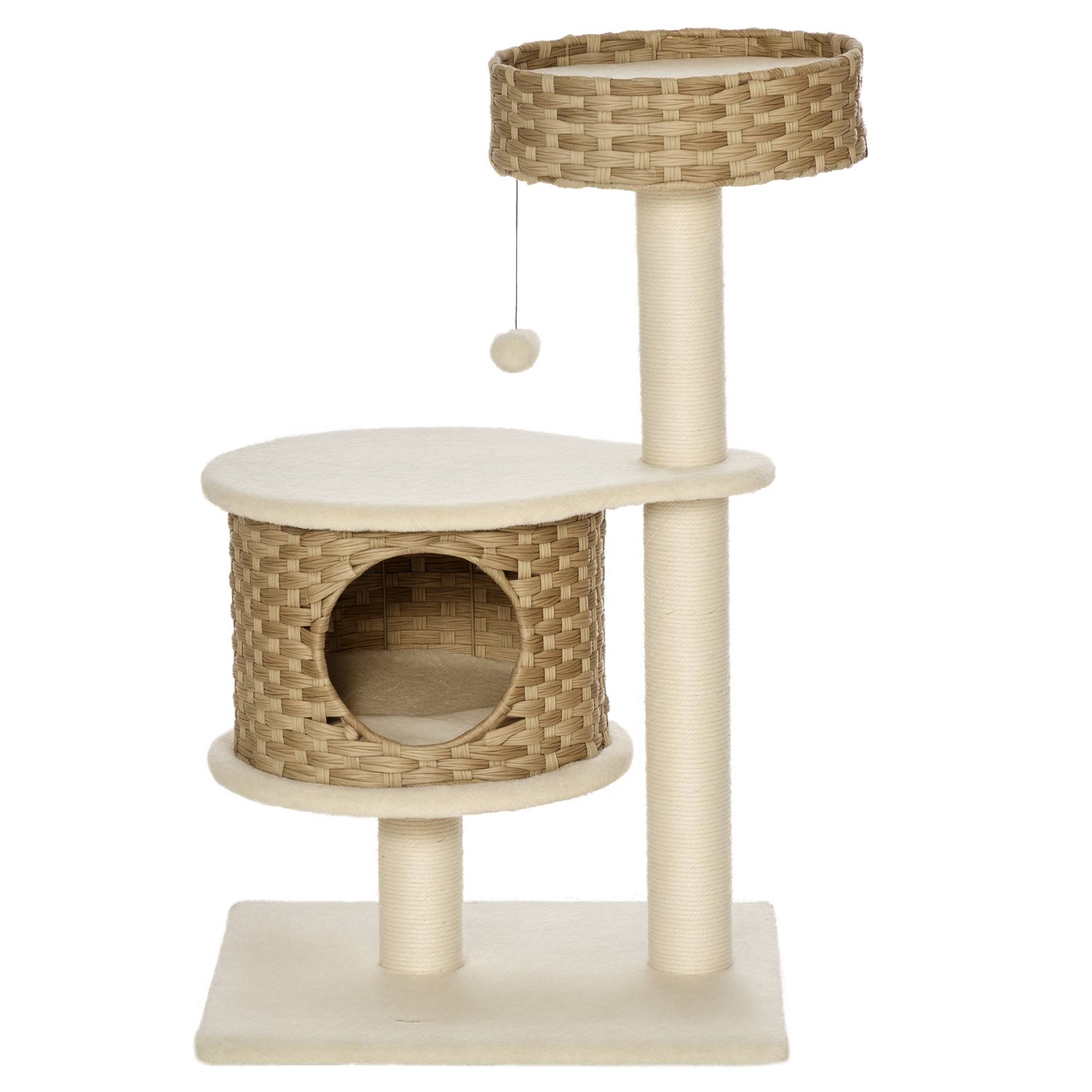 Arbre à chat PawHut 95 cm : grotte, balle, poteaux sisal, grande plateforme, chats jusqu'à 5 kg, naturel+beige - Image 1