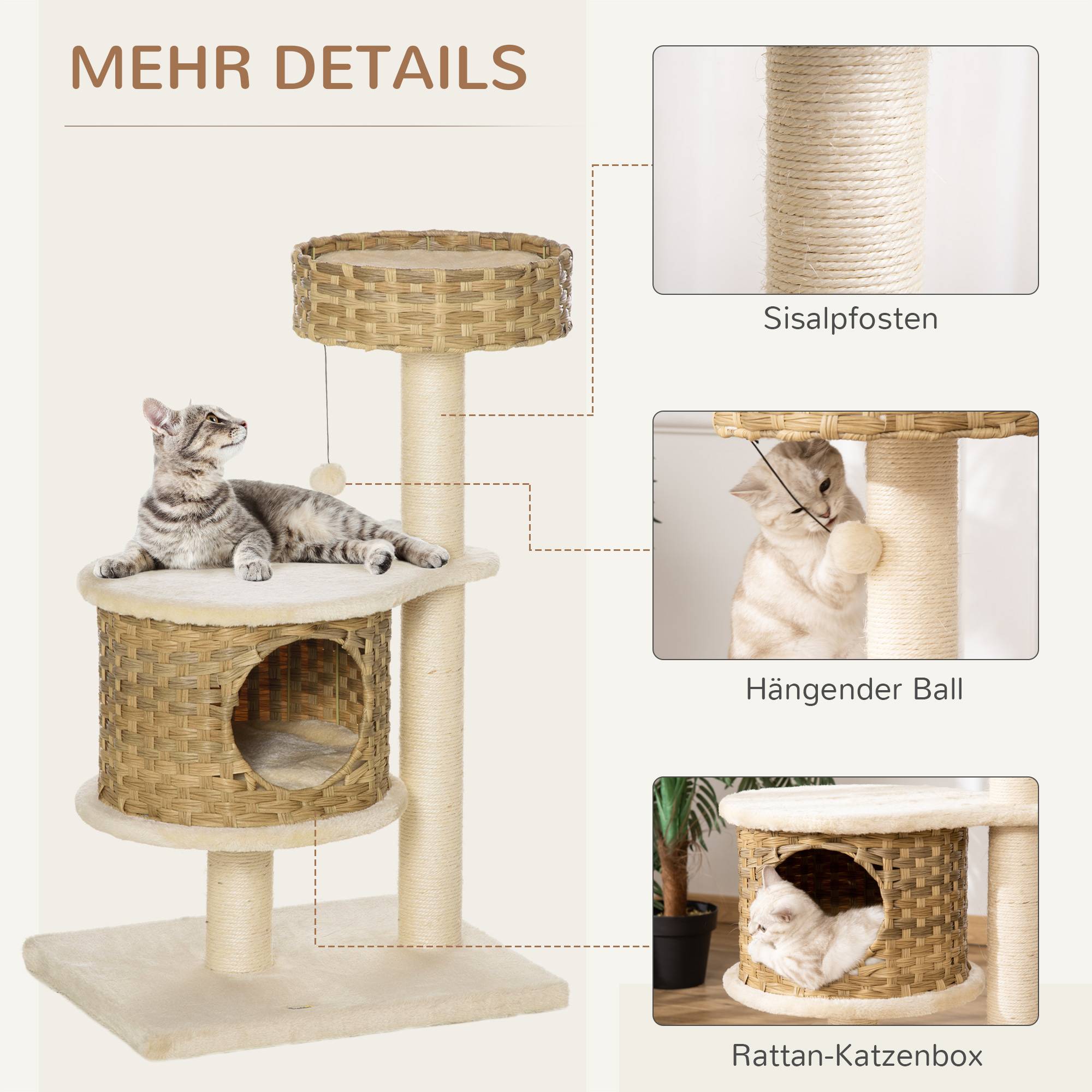 Arbre à chat PawHut 95 cm : grotte, balle, poteaux sisal, grande plateforme, chats jusqu'à 5 kg, naturel+beige - Image 7
