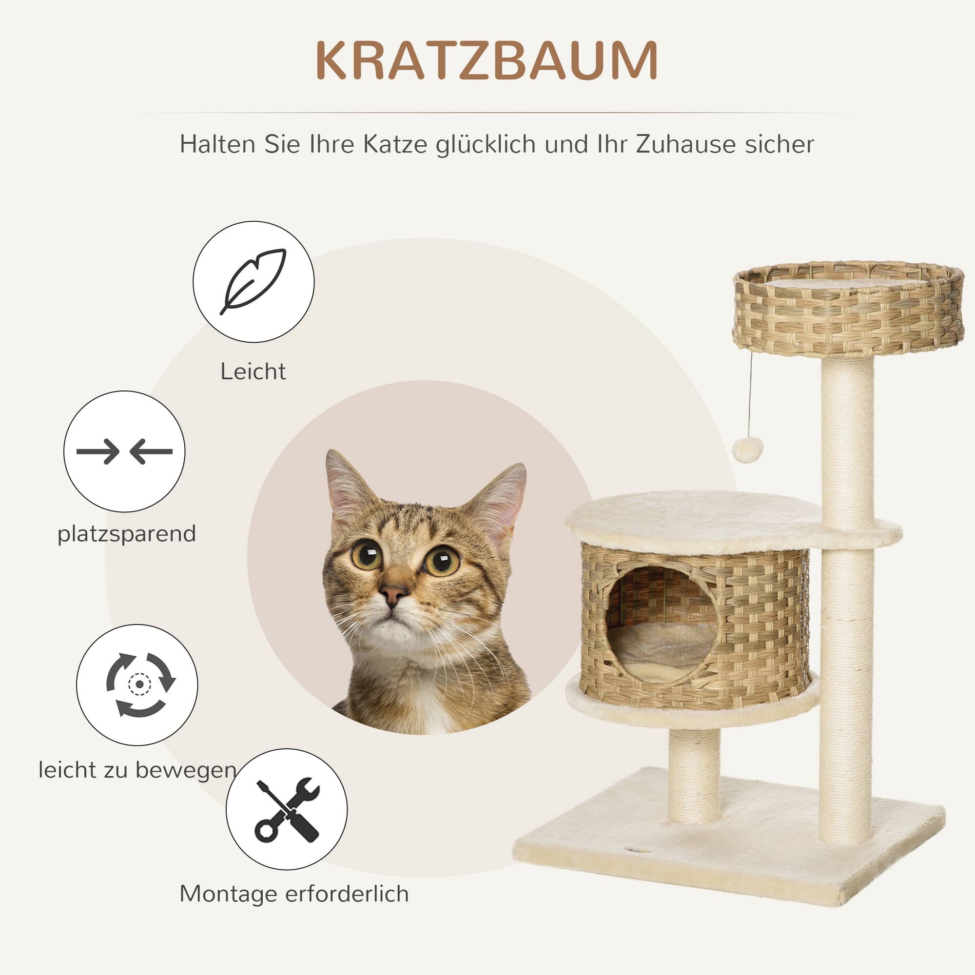 Arbre à chat PawHut 95 cm : grotte, balle, poteaux sisal, grande plateforme, chats jusqu'à 5 kg, naturel+beige - Image 6