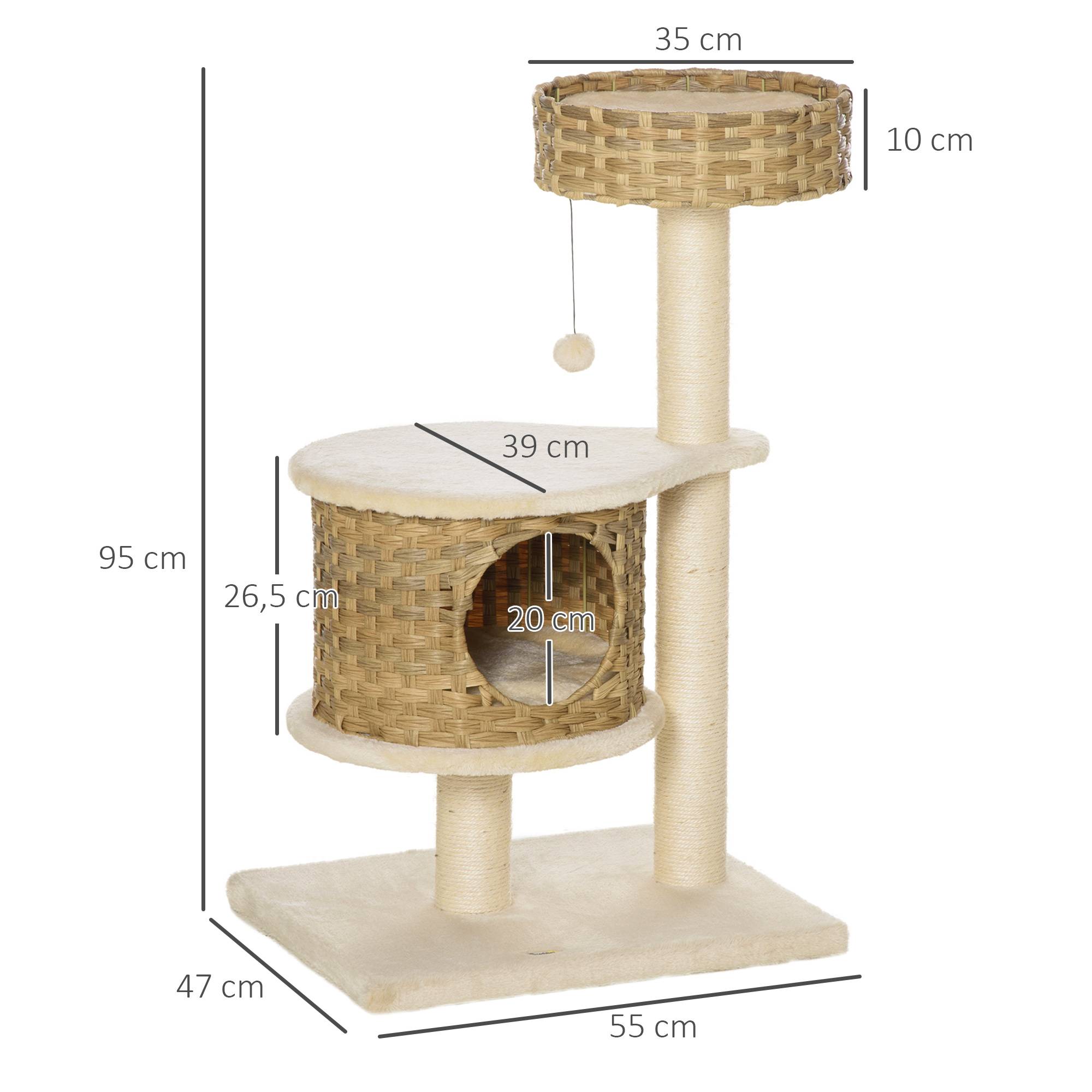 Arbre à chat PawHut 95 cm : grotte, balle, poteaux sisal, grande plateforme, chats jusqu'à 5 kg, naturel+beige - Image 5