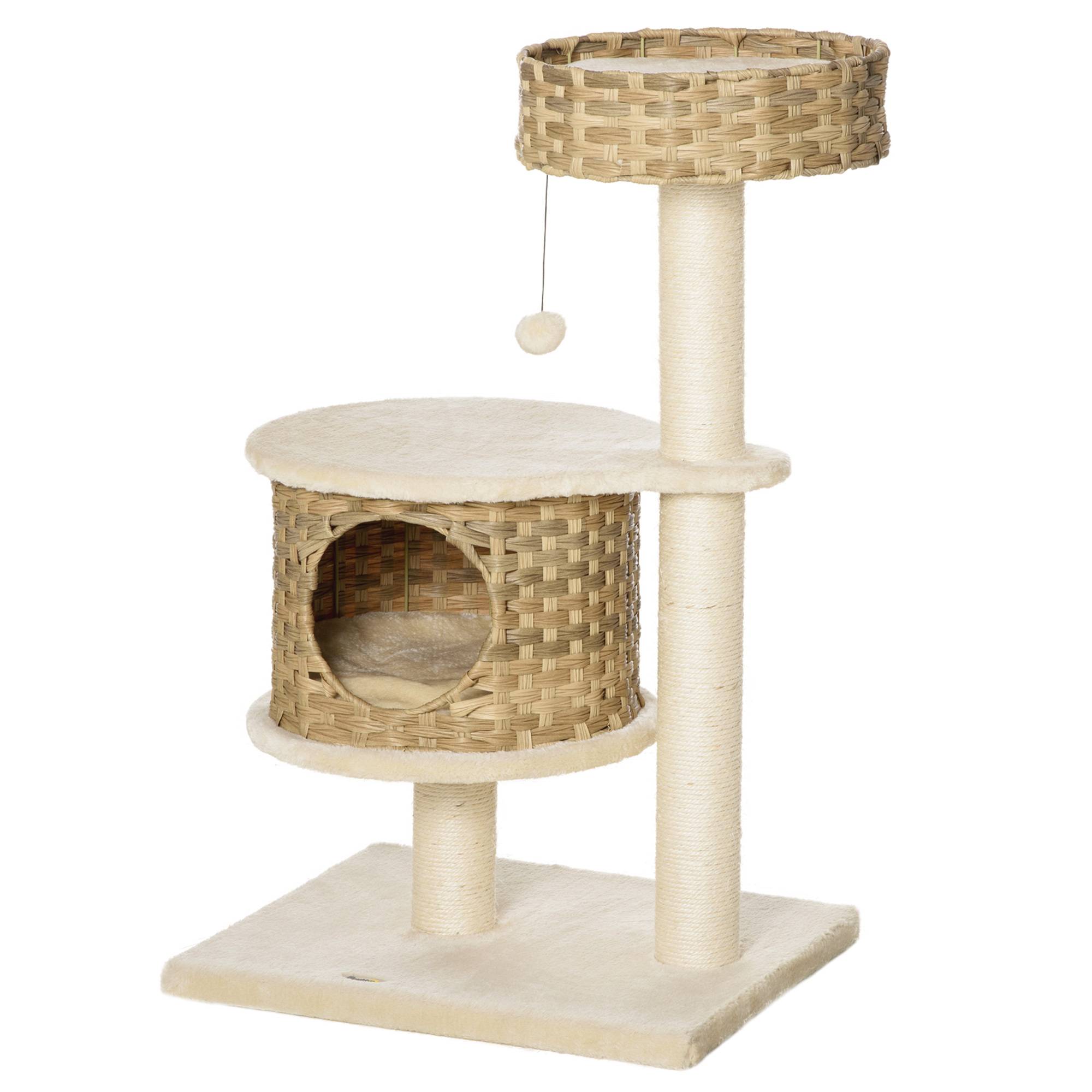 Arbre à chat PawHut 95 cm : grotte, balle, poteaux sisal, grande plateforme, chats jusqu'à 5 kg, naturel+beige - Image 2