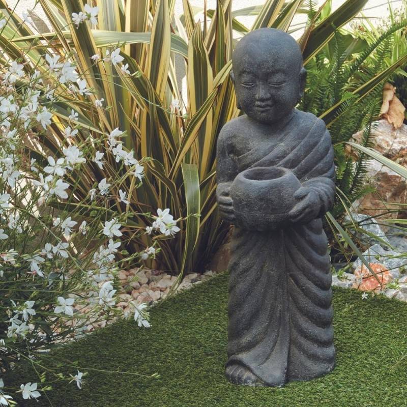 Jardinex - Statue jardin moine debout avec photophore 60 cm - Gris 60 cm - Jardinex - Image 2