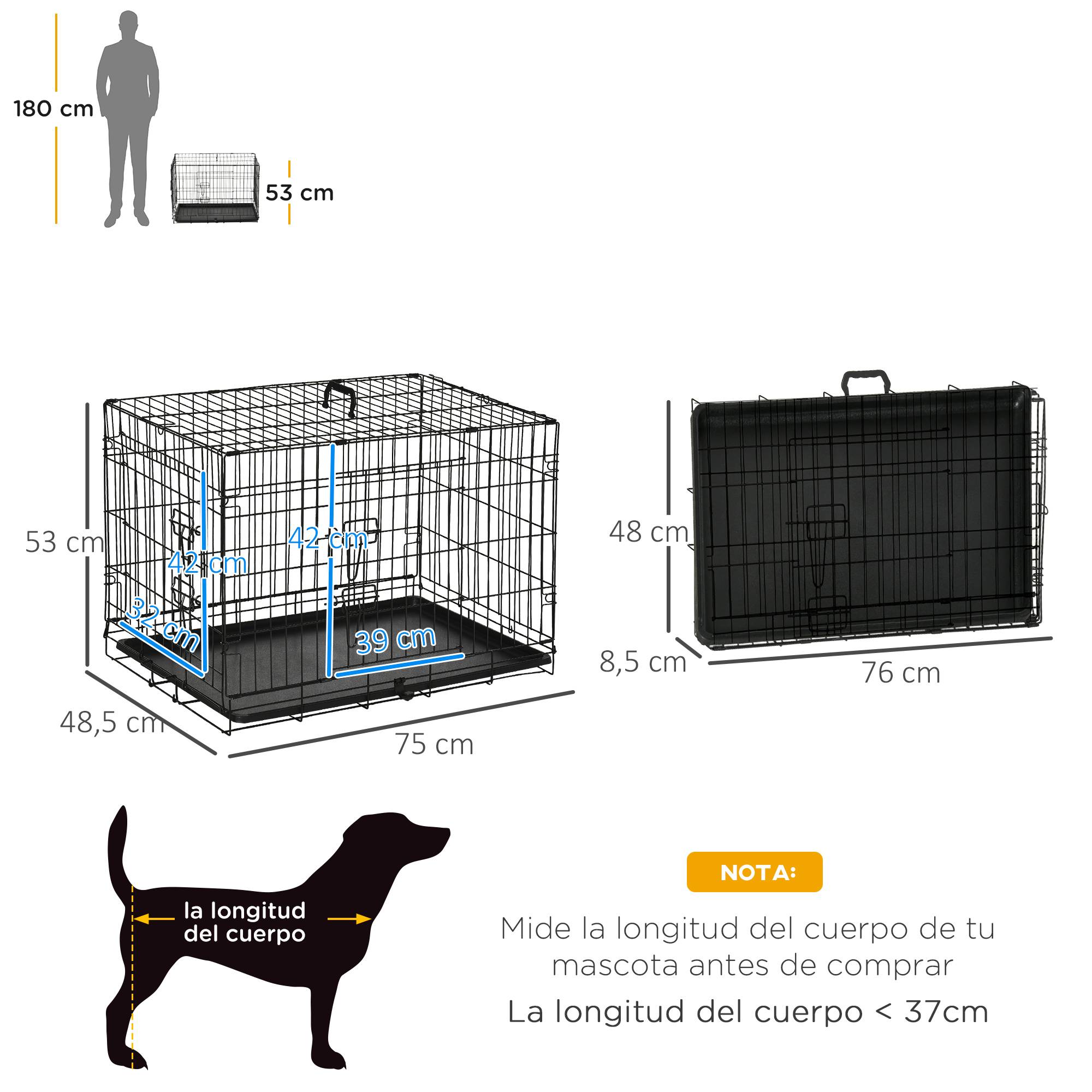 Cage de transport pliable pour chien, avec 2 portes, plateau et poignée amovibles, 75 x 48,5 x 53 cm, noire - Image 5