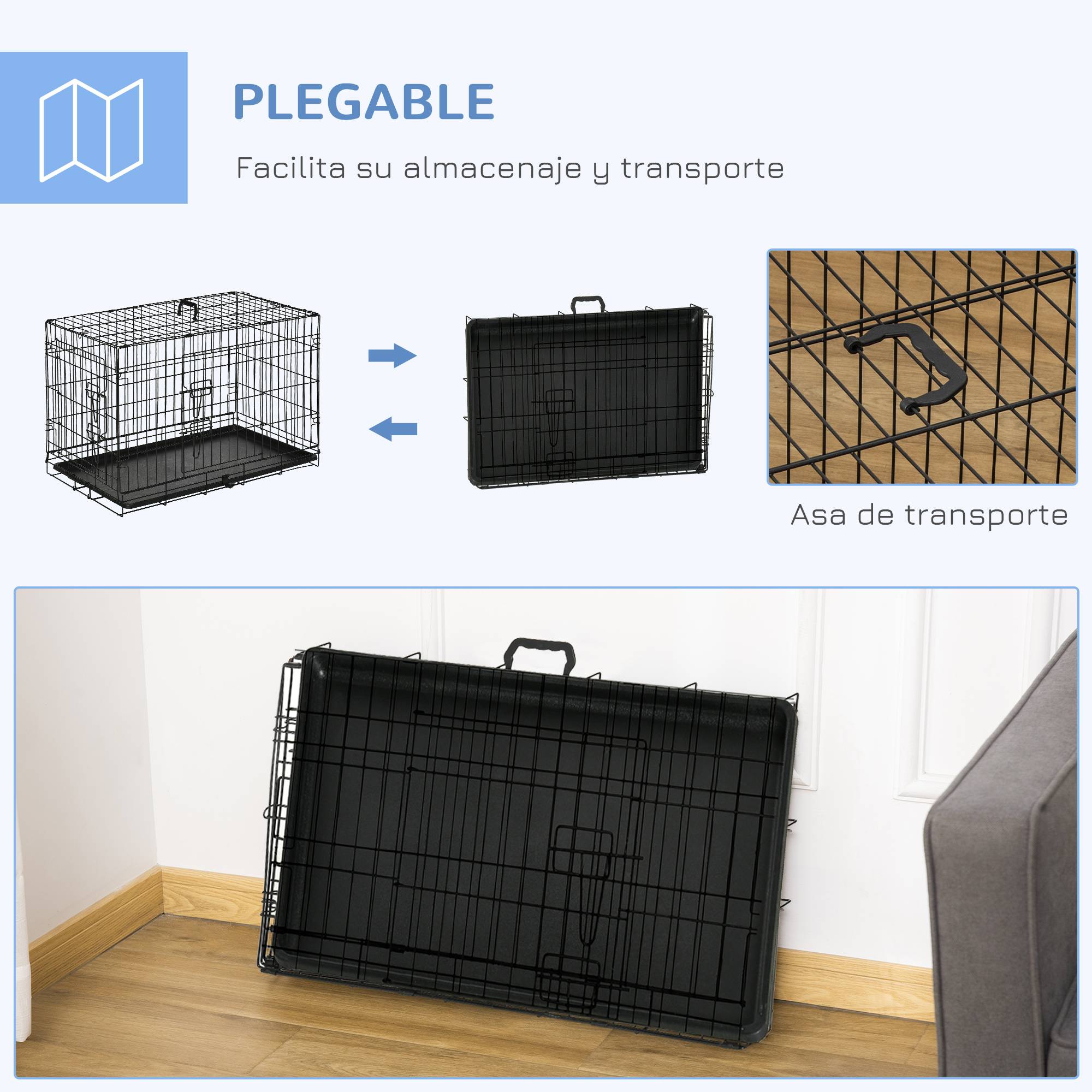 Cage de transport pliable pour chien, avec 2 portes, plateau et poignée amovibles, 75 x 48,5 x 53 cm, noire - Image 9