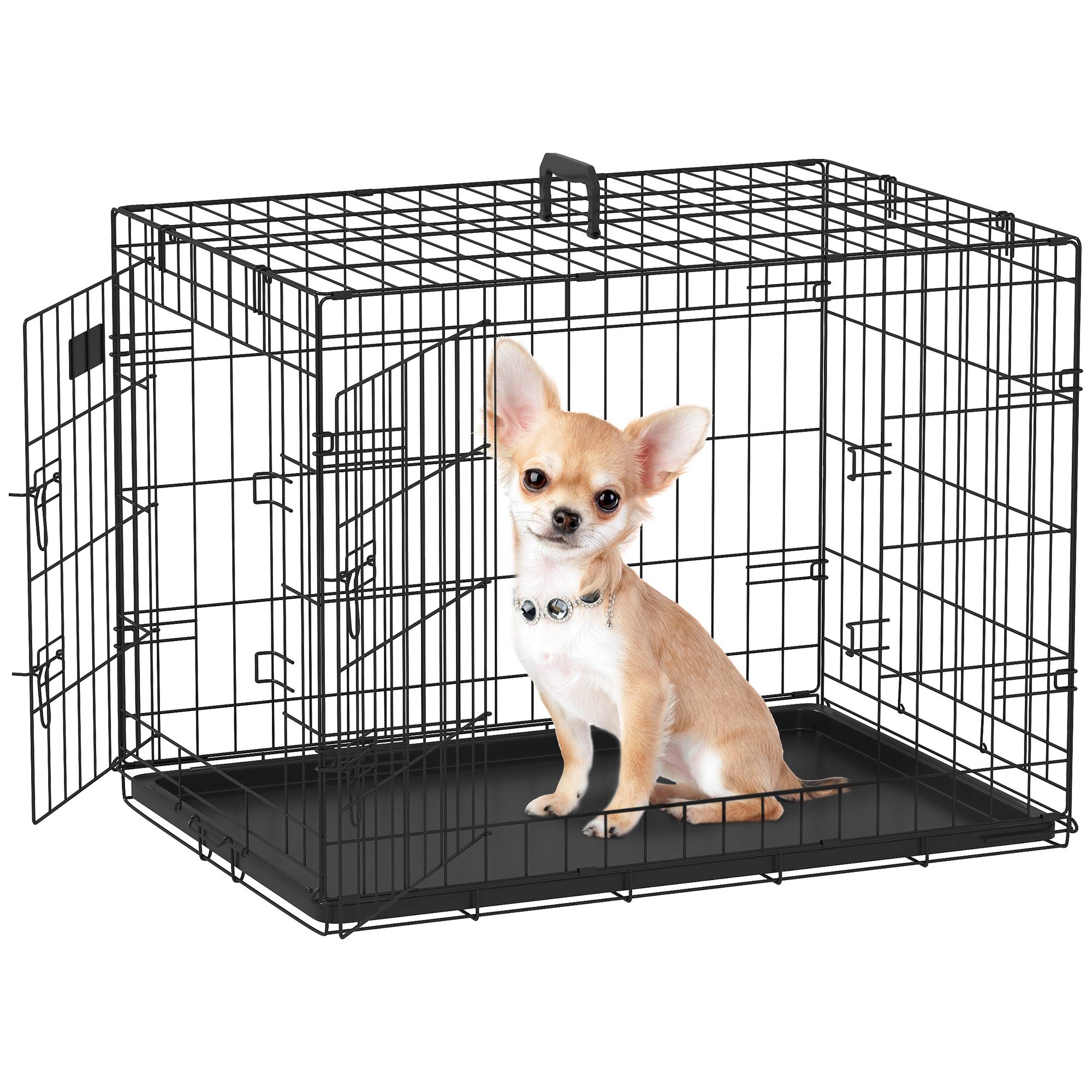 Cage de transport pliable pour chien, avec 2 portes, plateau et poignée amovibles, 75 x 48,5 x 53 cm, noire - Image 1
