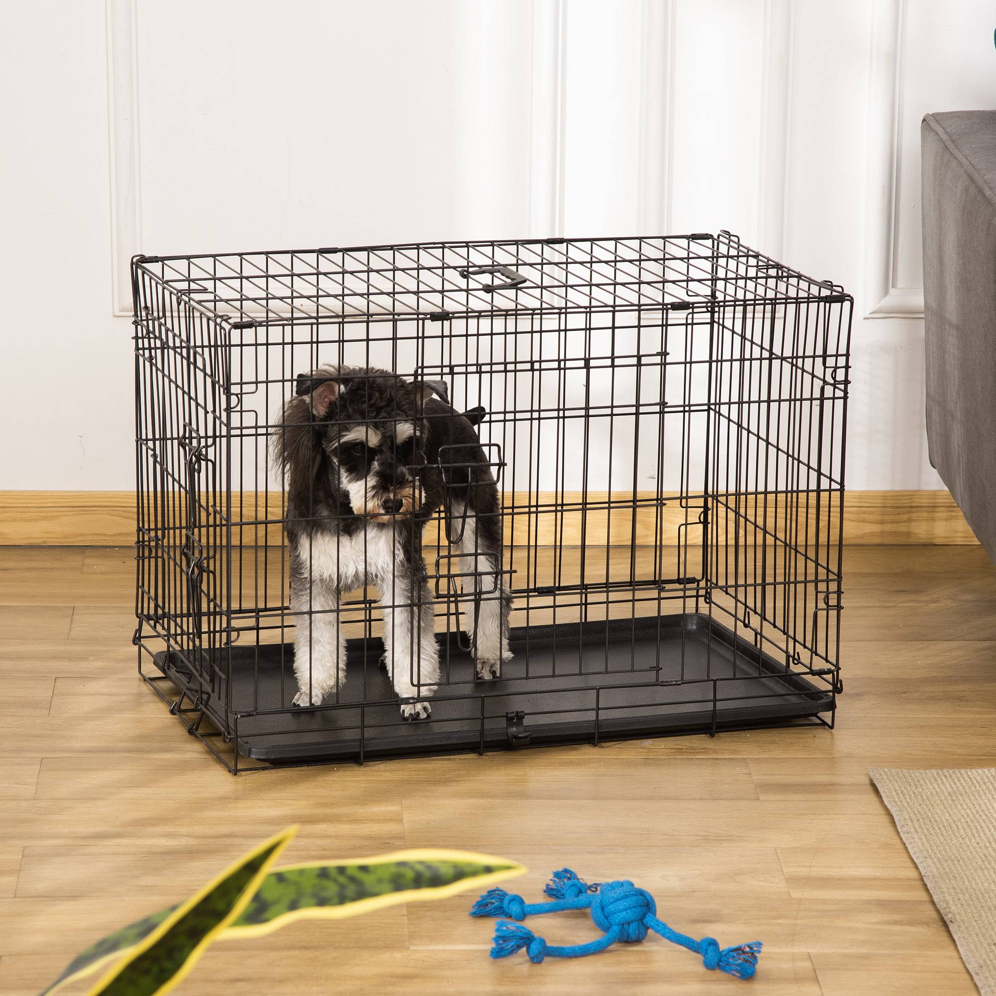 Cage de transport pliable pour chien, avec 2 portes, plateau et poignée amovibles, 75 x 48,5 x 53 cm, noire - Image 3
