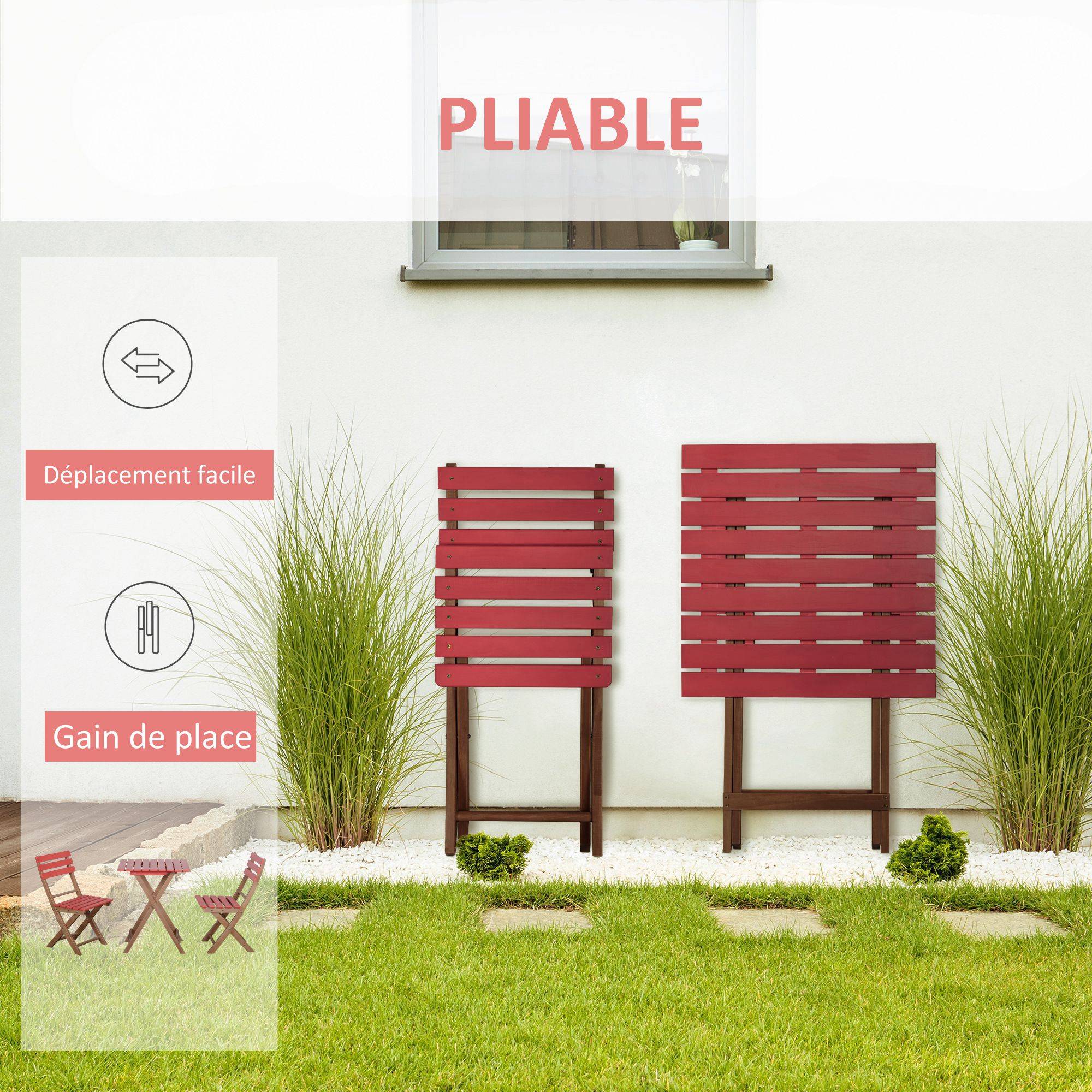 Outsunny - Ensemble bistro de jardin 3 pièces pliantes style colonial 2 chaises + table bois pin pré-huilé peint rouge - Outsunny - Imagen 5