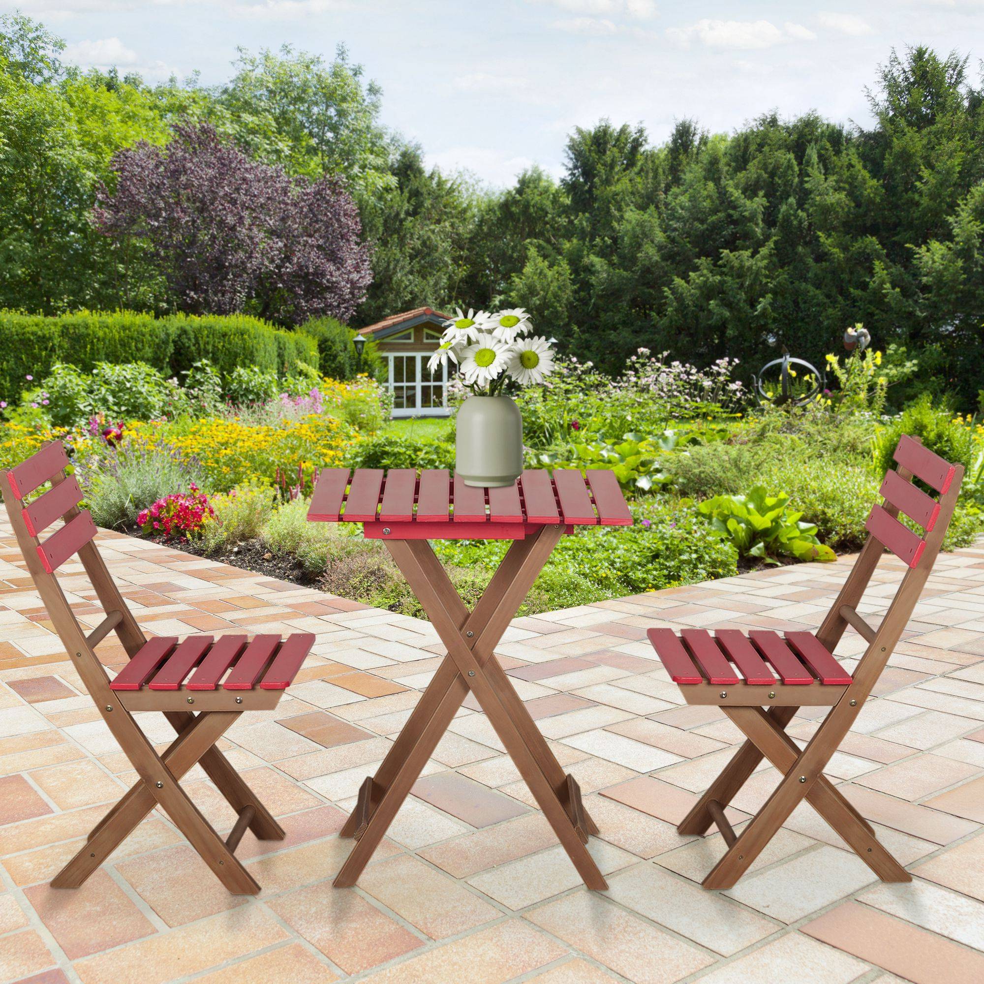 Outsunny - Ensemble bistro de jardin 3 pièces pliantes style colonial 2 chaises + table bois pin pré-huilé peint rouge - Outsunny - Imagen 2