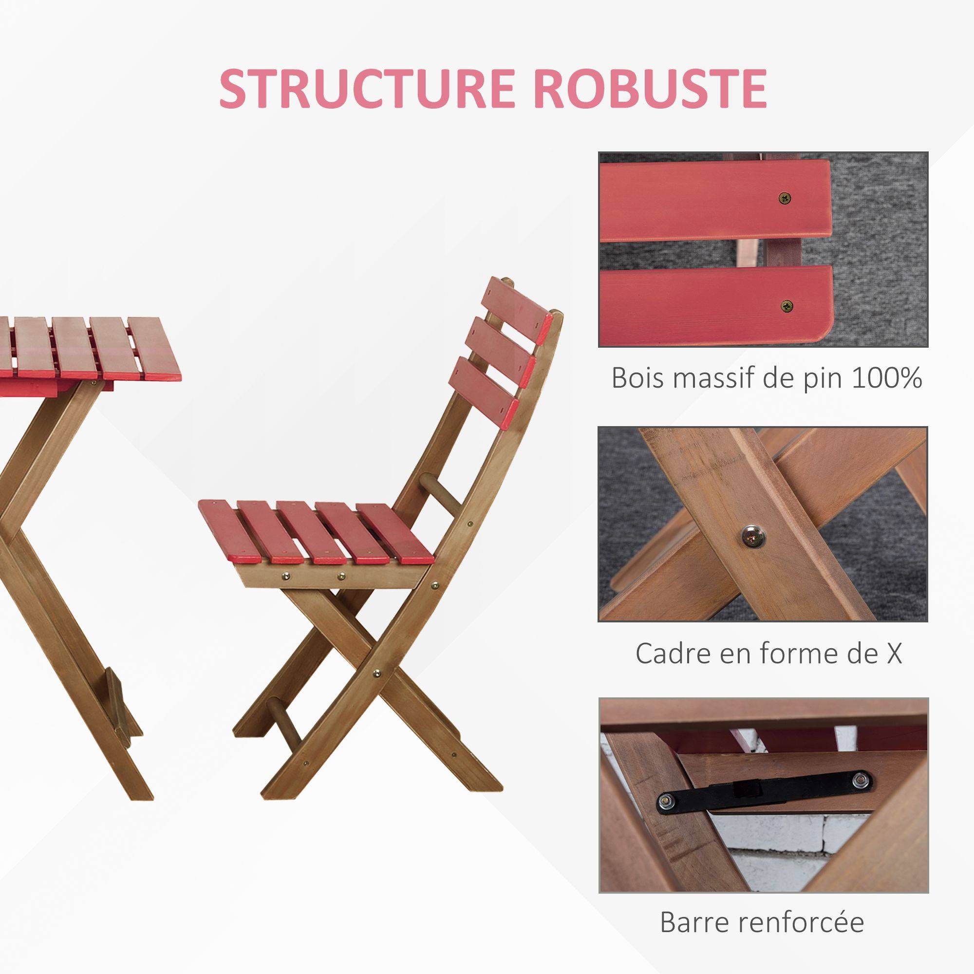Outsunny - Ensemble bistro de jardin 3 pièces pliantes style colonial 2 chaises + table bois pin pré-huilé peint rouge - Outsunny - Imagen 6