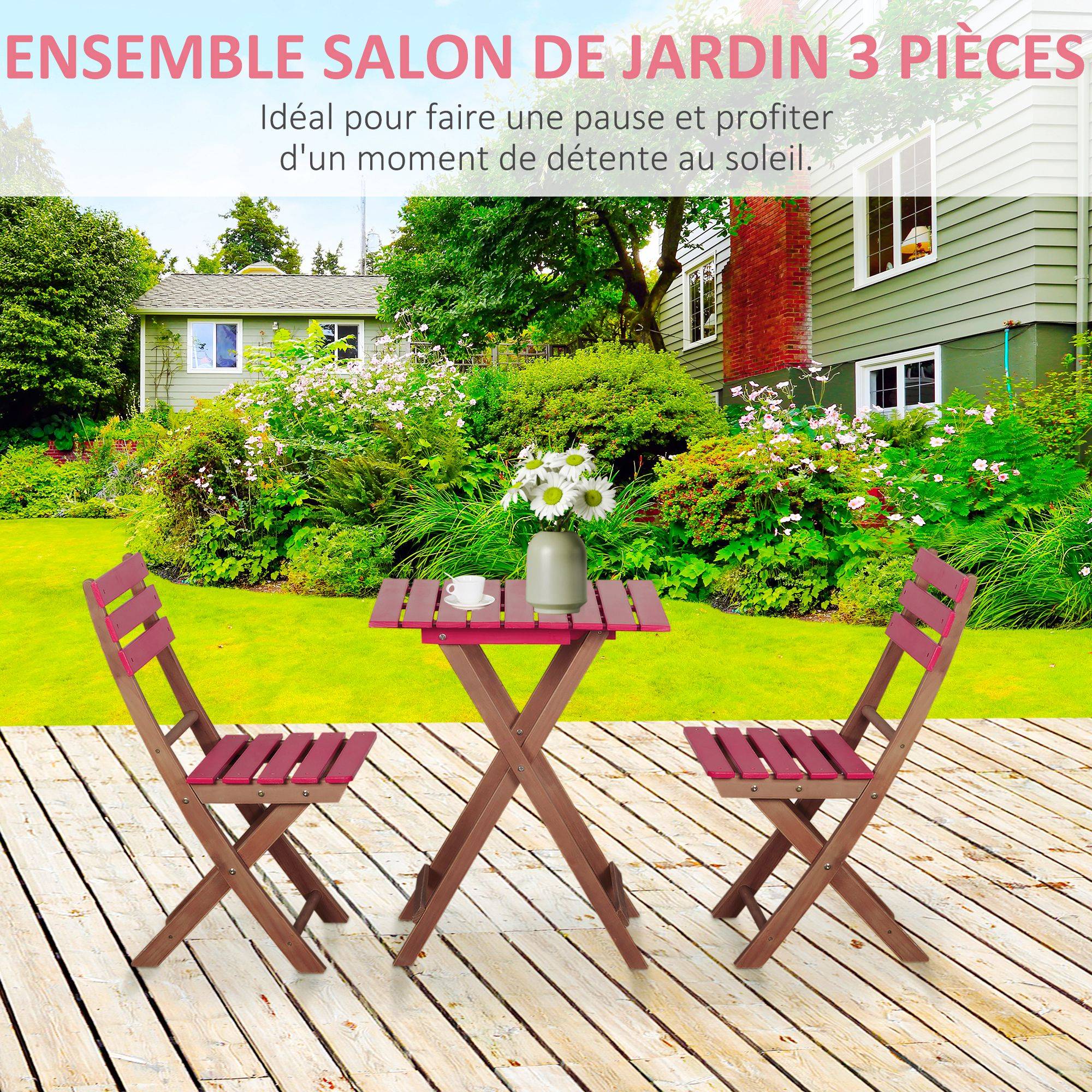 Outsunny - Ensemble bistro de jardin 3 pièces pliantes style colonial 2 chaises + table bois pin pré-huilé peint rouge - Outsunny - Imagen 4