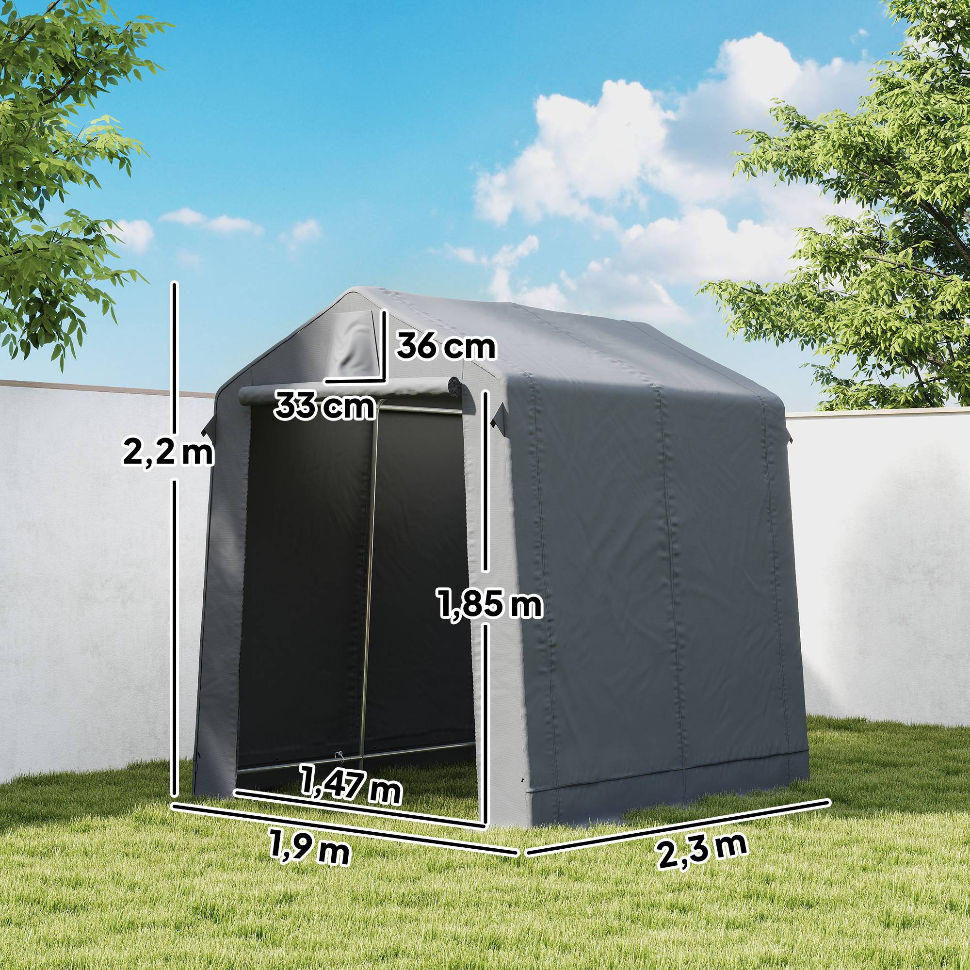 Tente garage 2,3x1,9m hydrofuge outillage porte rouleau zip aération toit double pente gris foncé - Image 5